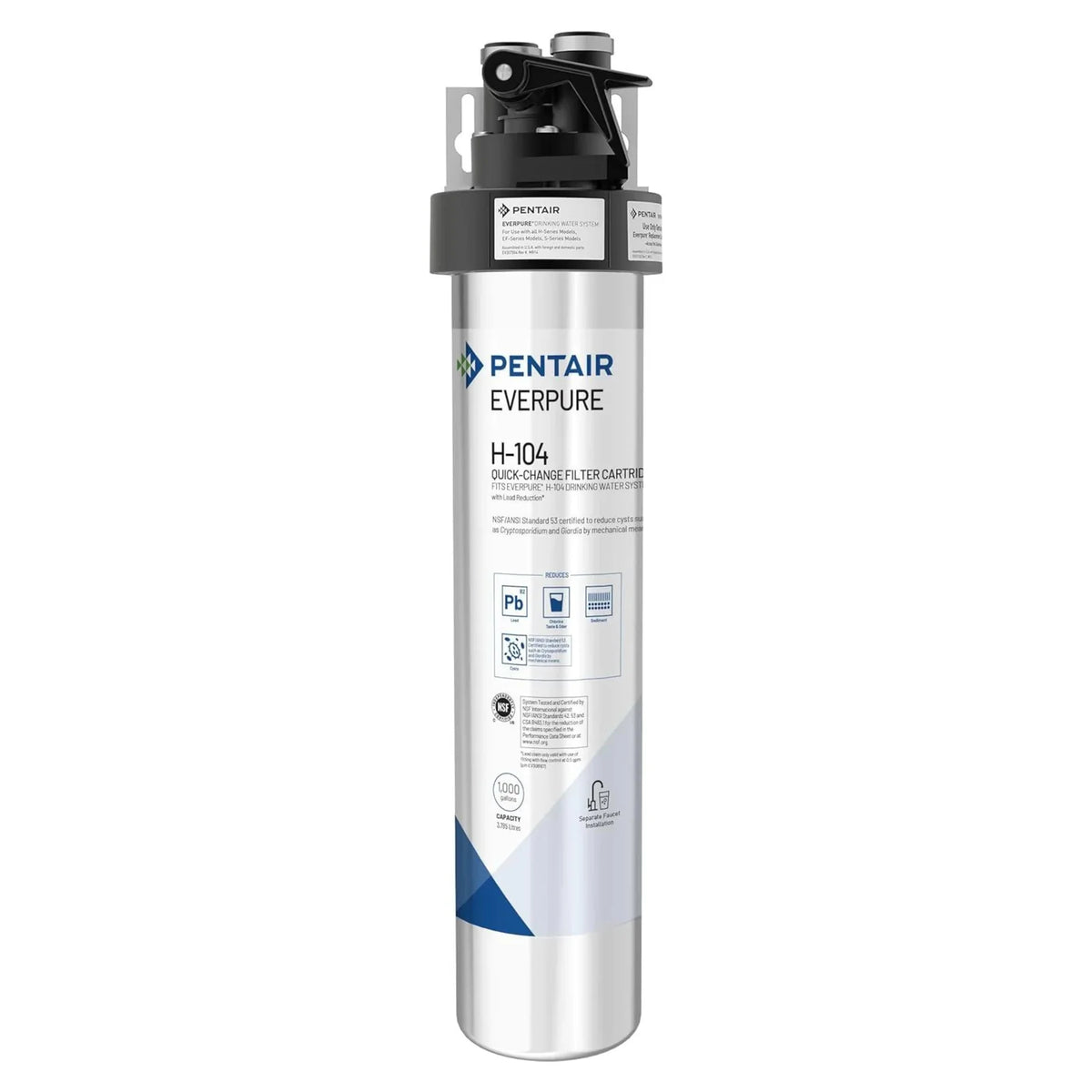 Everpure H-104 drinking water system filter cartridge, single upright white cylinder with black cap