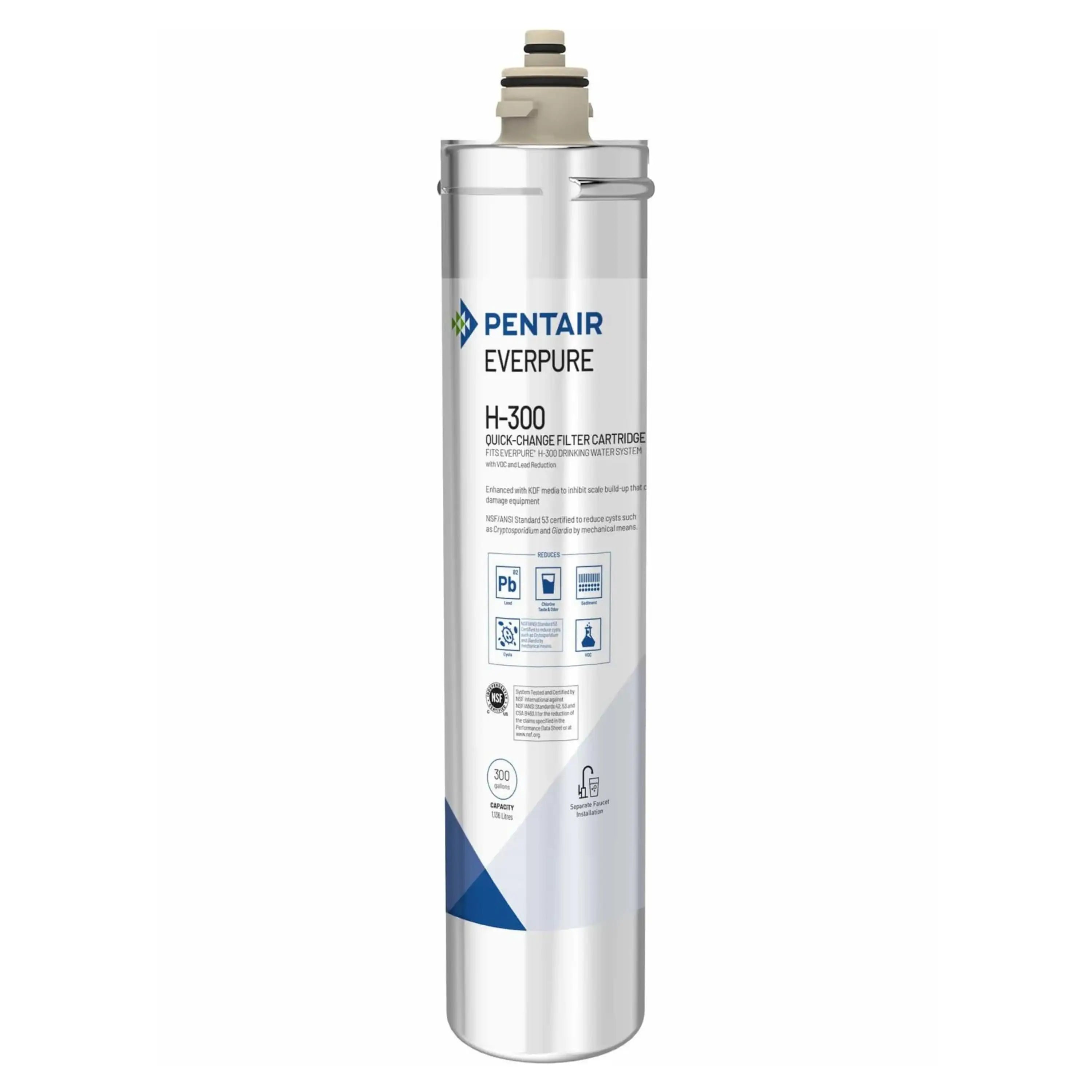 Pentair Everpure H-300 quick-change filter cartridge, tall silver cylinder with fittings