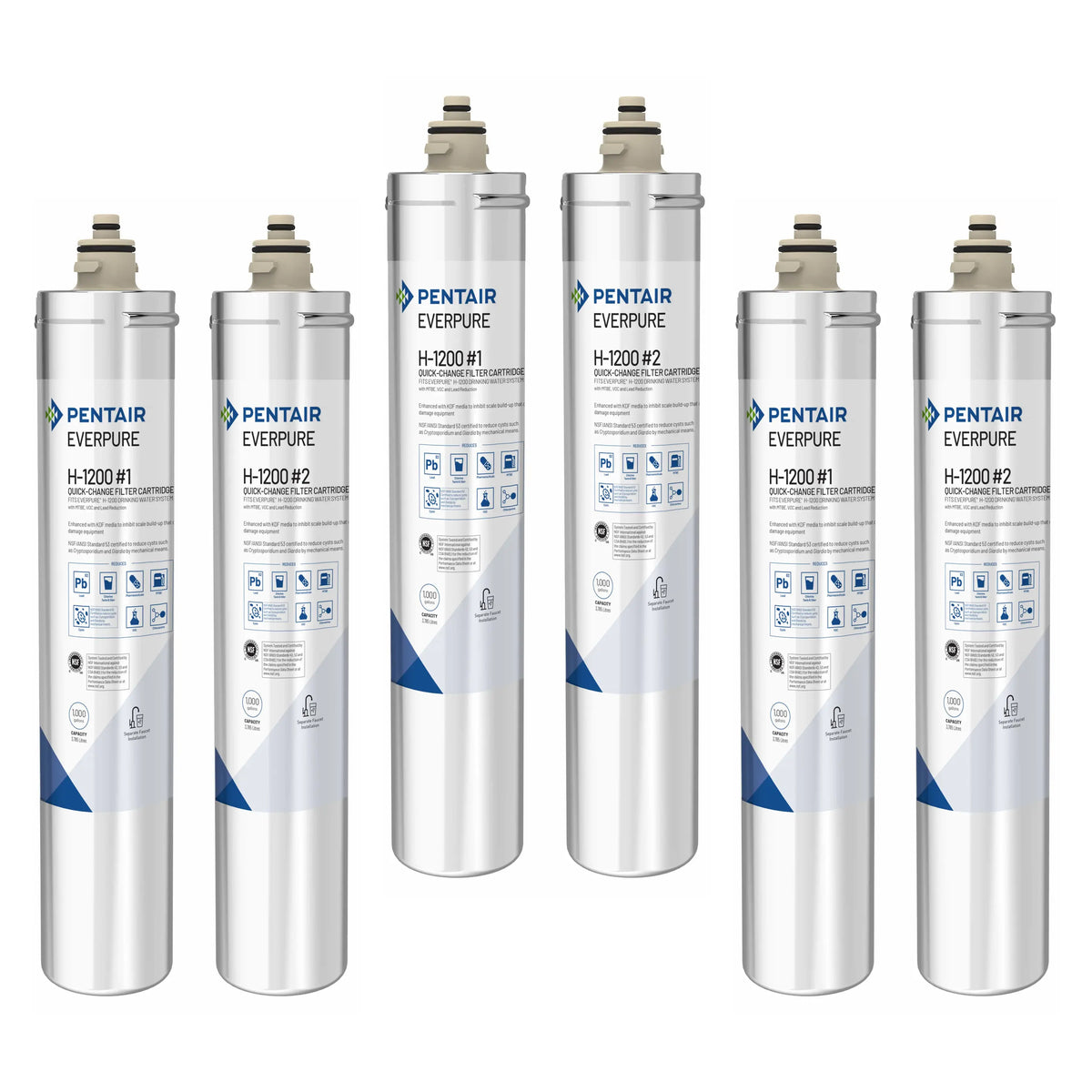 Multi-pack of six Everpure H-1200 filter cartridges in stainless canisters