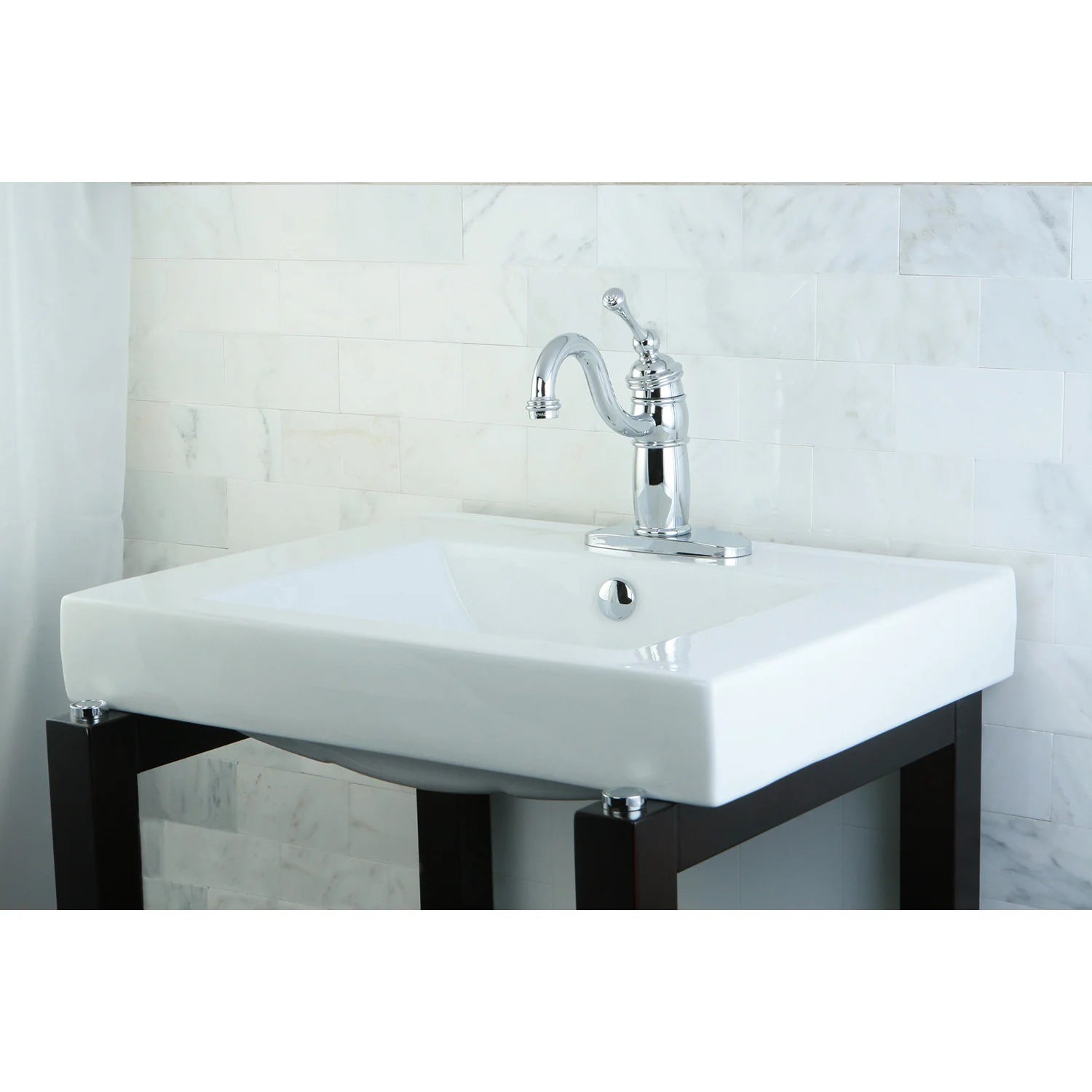 White rectangular ceramic sink with faucet and drain openings, semi-recessed