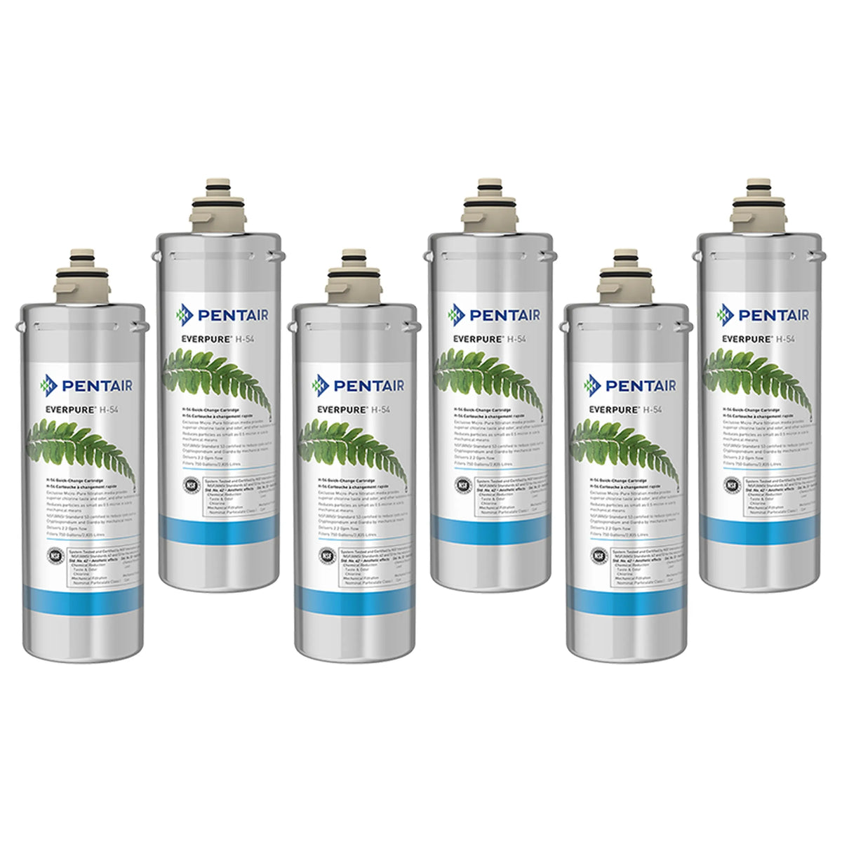6-pack Pentair Everpure H-54 quick-change filter cartridges, stainless canister