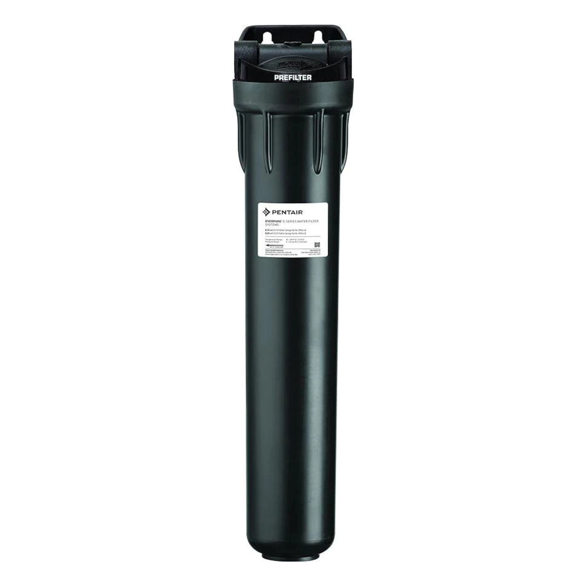 Everpure EV9795-90 E-20 prefilter system, black cartridge housing with ports