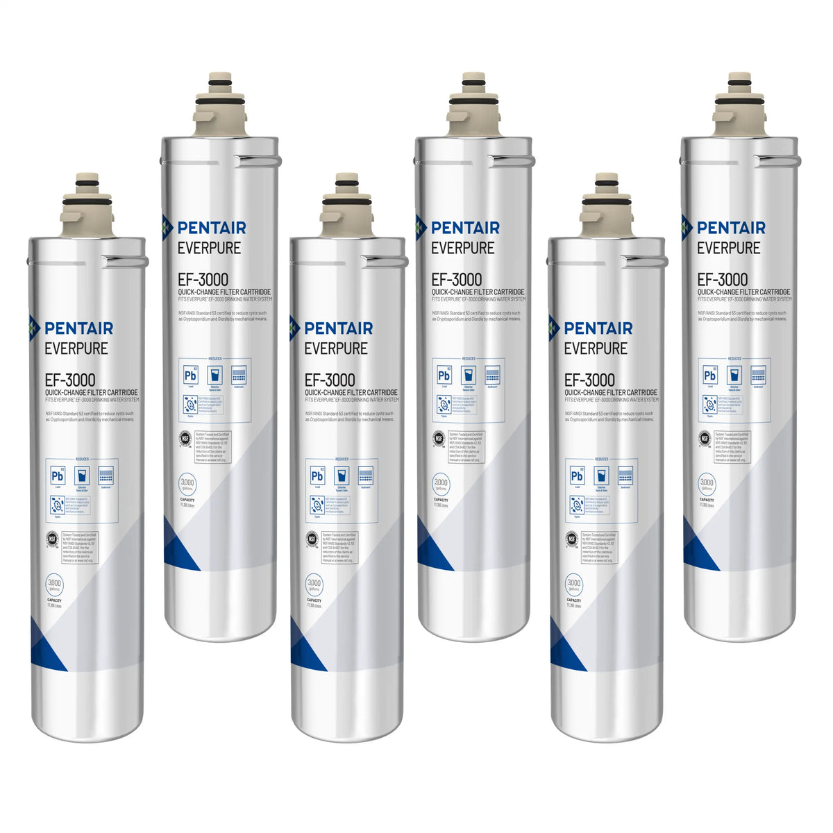 Six-pack Everpure EF-3000 filter cartridges, white cylinders with Pentair Everpure labels