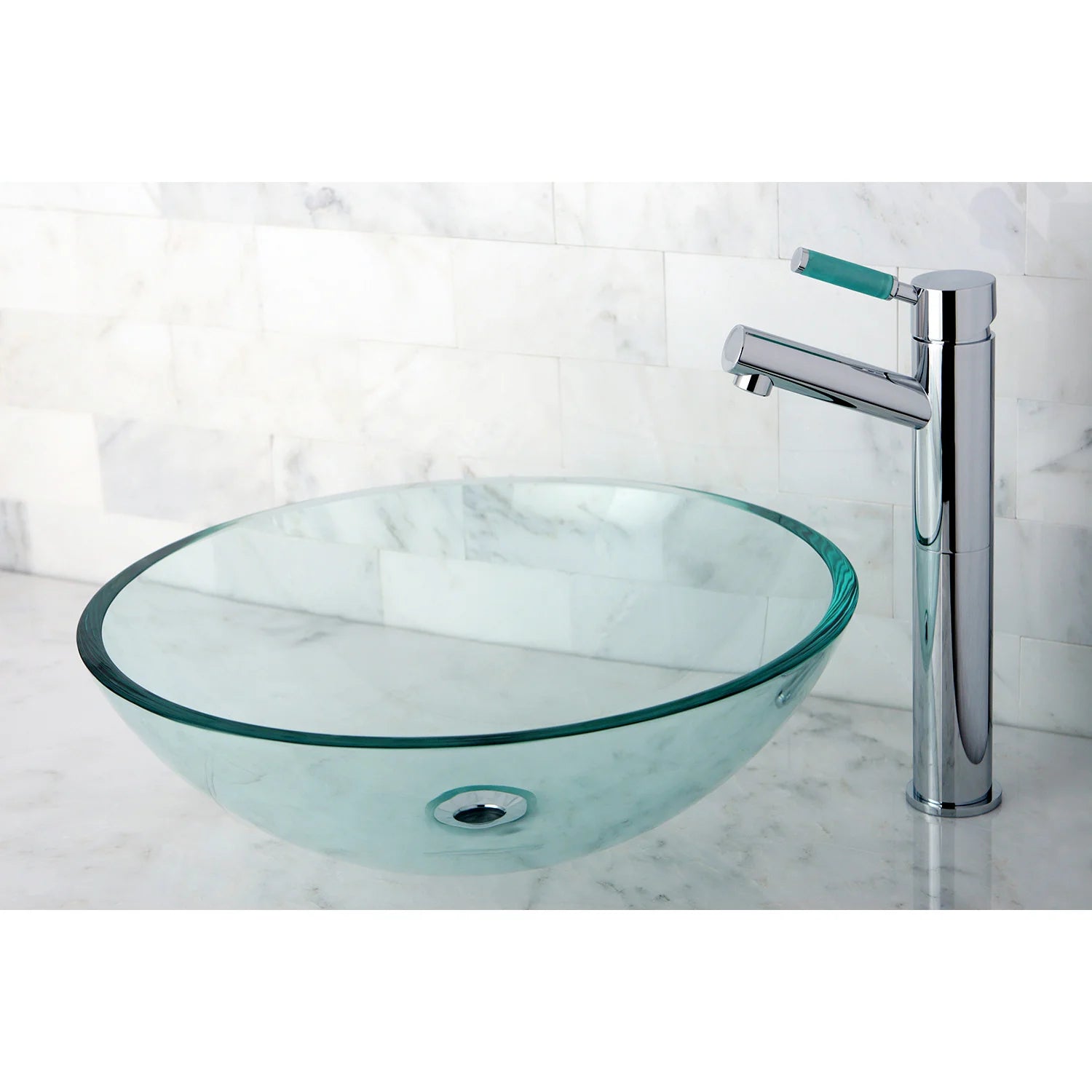Crystal-clear round glass vessel sink with chrome single-handle faucet and drain hole