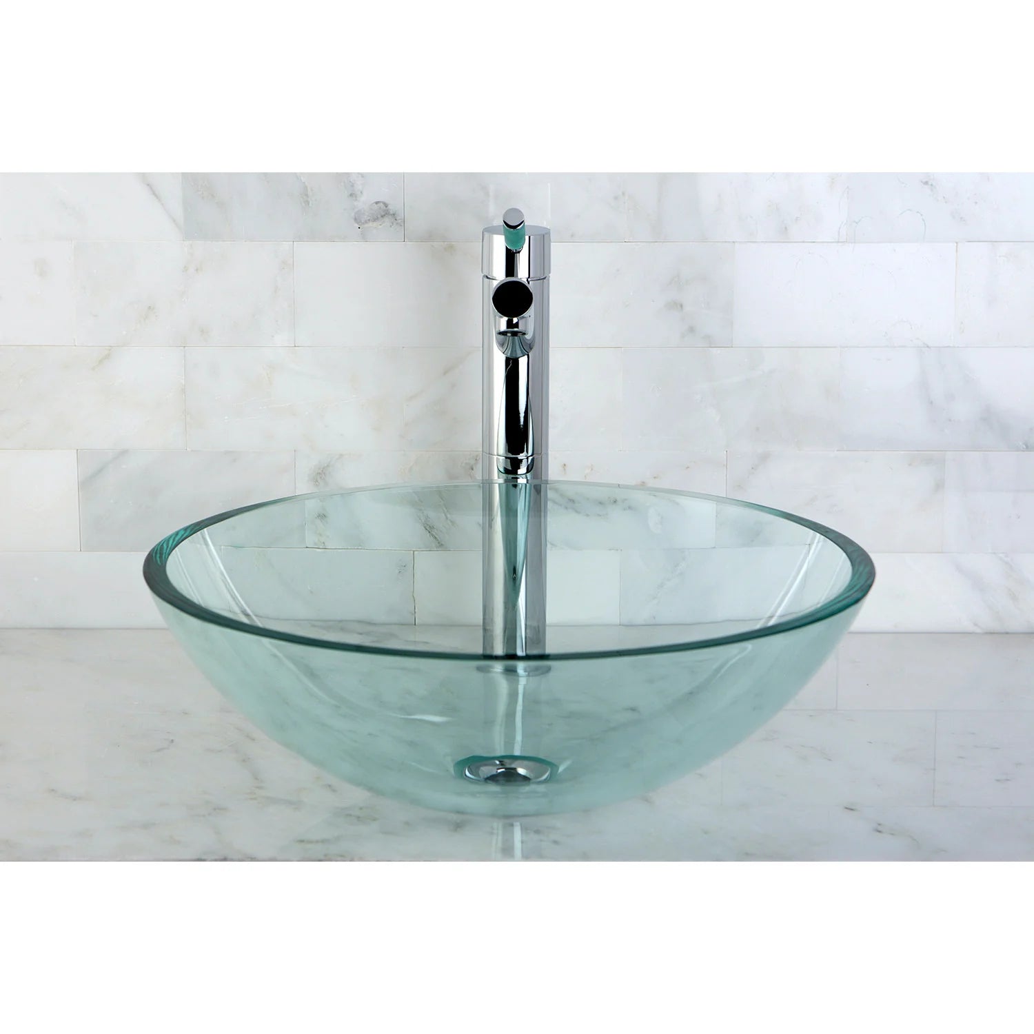 Crystal-clear round glass vessel sink with chrome faucet and central drain hole