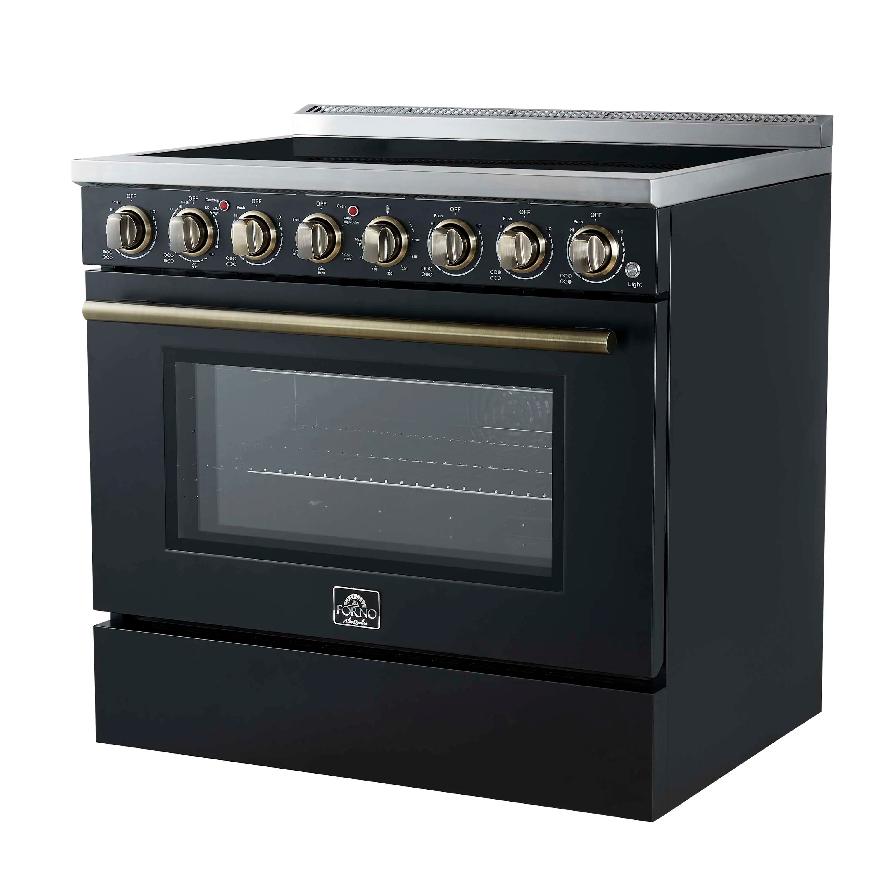 Black electric range with glass oven door and gold-tone control knobs