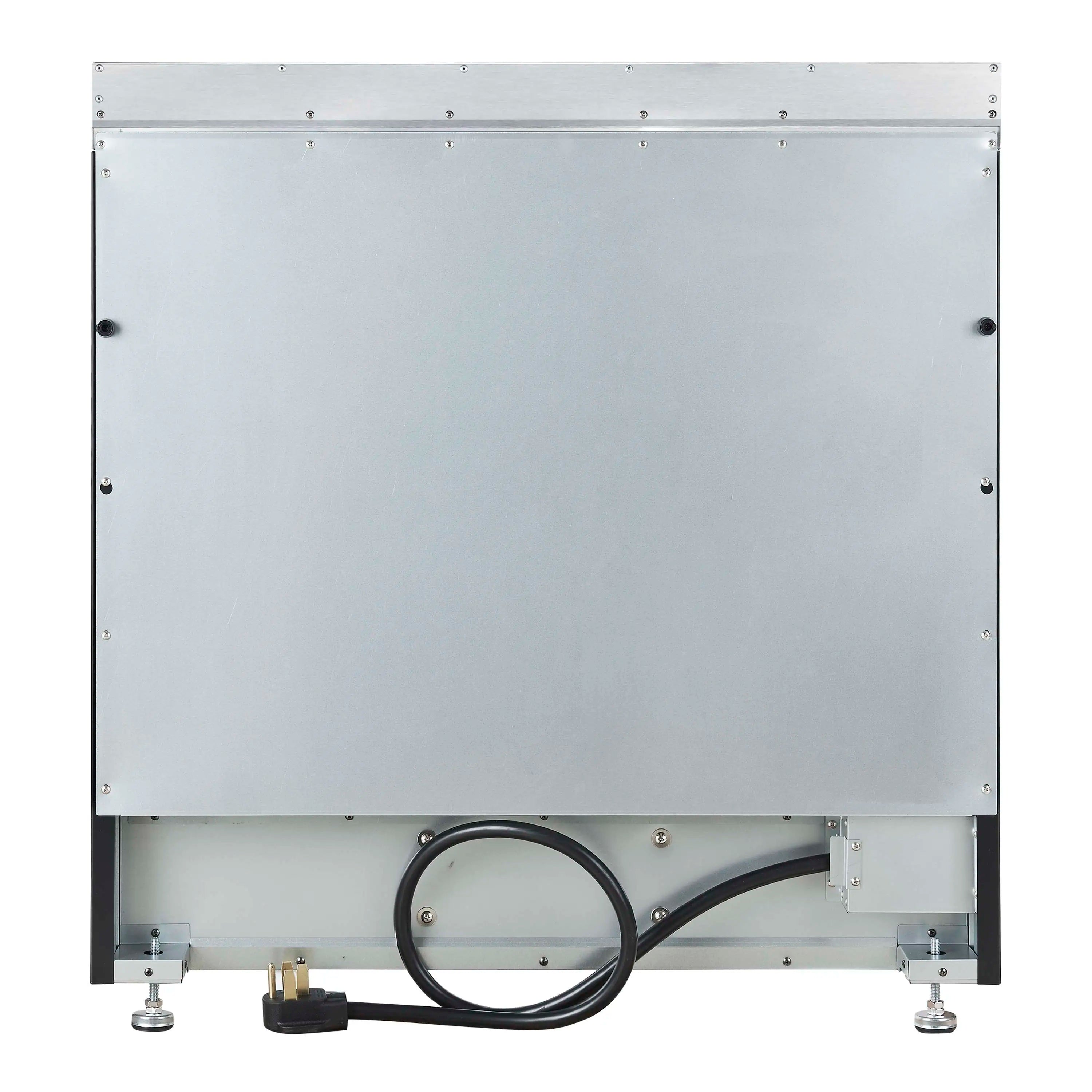 Underside back panel of appliance with power cord and mounting feet