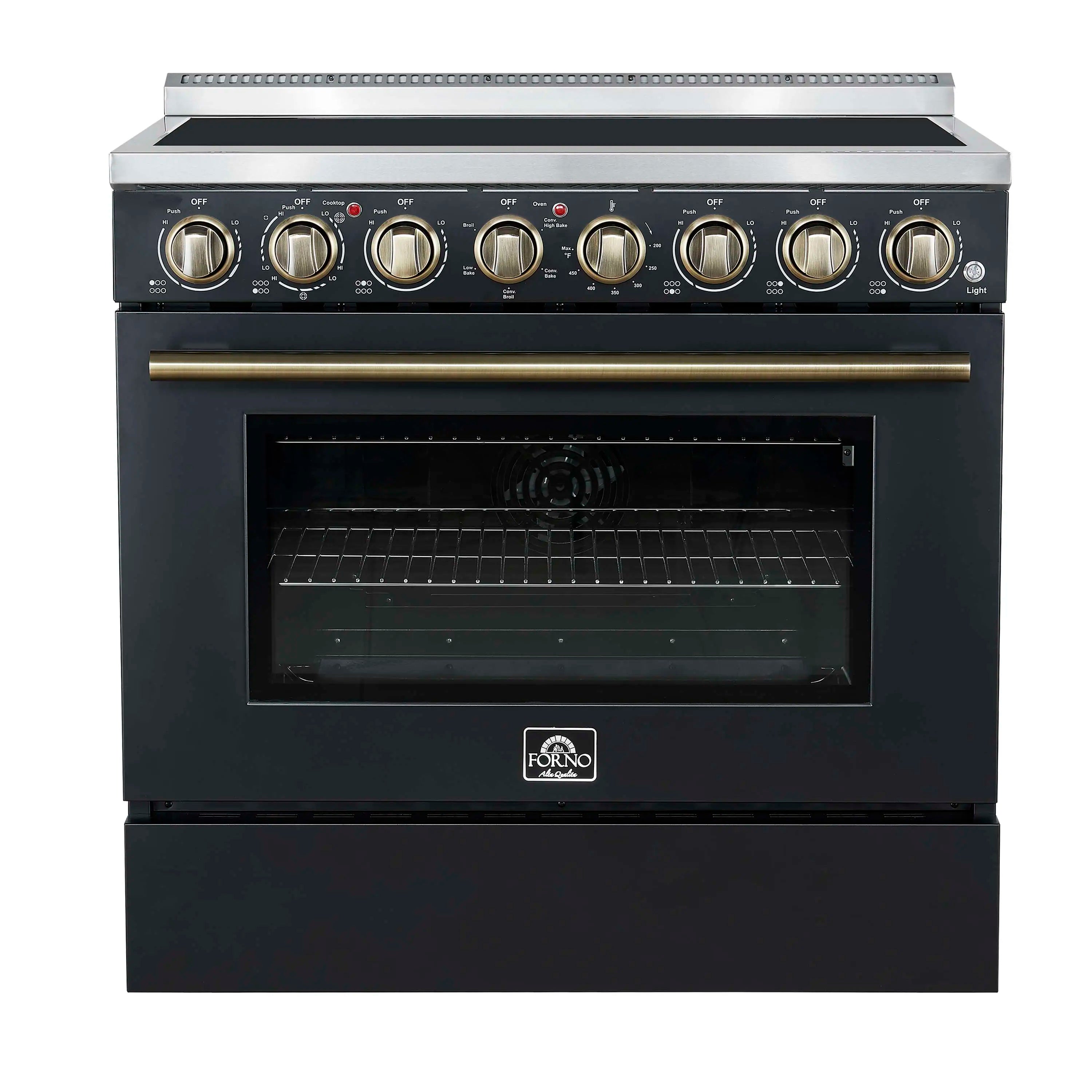 Freestanding electric range with closed door, control knobs, and oven window