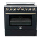 Forno 5-Piece Appliance Package - 36-Inch Electric Range, Wall Mount Range Hood, 60-Inch Refrigerator, Dishwasher, and 30-Inch Microwave Drawer in Black with Antique Brass Handle