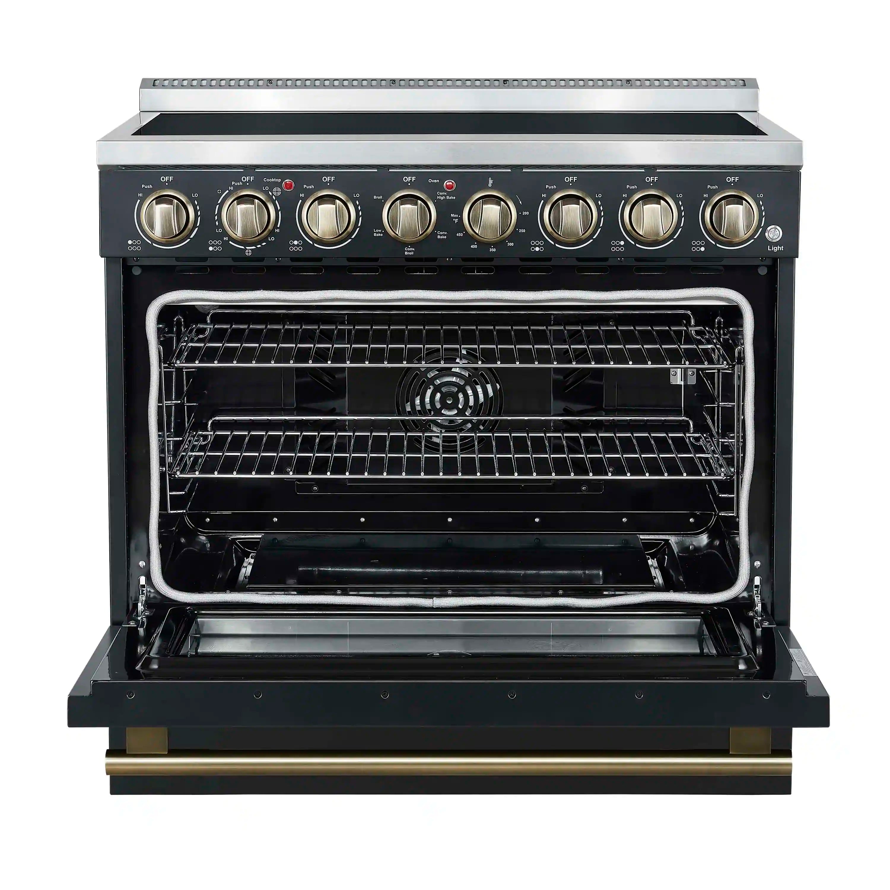 Black electric range with open oven door, wire racks, and gold-tone control knobs