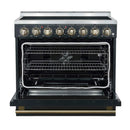 Forno 5-Piece Appliance Package - 36-Inch Electric Range, Wall Mount Range Hood, 60-Inch Refrigerator, Dishwasher, and 24-Inch Microwave Drawer in Black with Antique Brass Handle