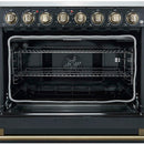 Forno 5-Piece Appliance Package - 36-Inch Electric Range, Wall Mount Range Hood, 60-Inch Refrigerator, Dishwasher, and 24-Inch Microwave Drawer in Black with Antique Brass Handle