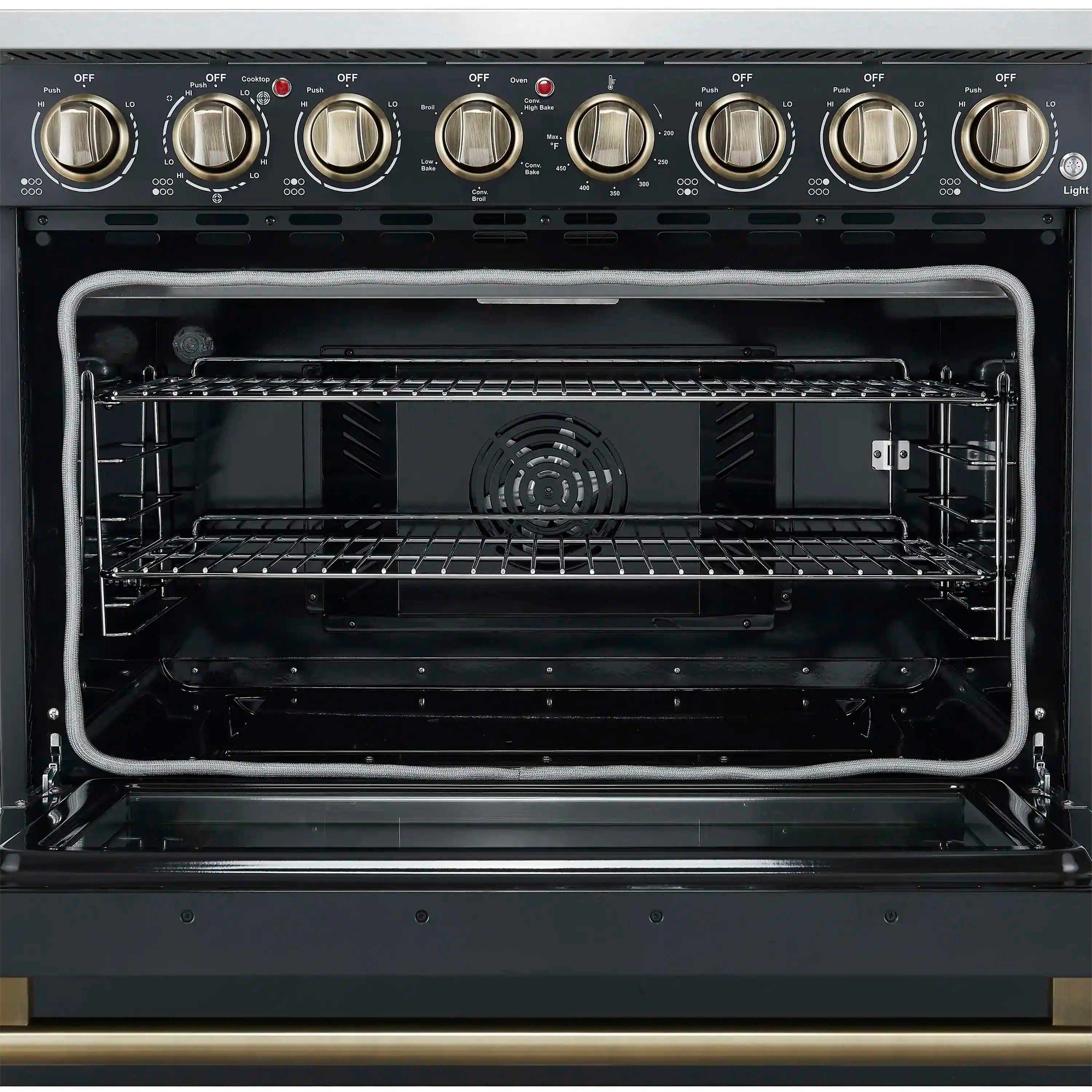 Electric range oven interior view with control panel above and two-tier wire racks