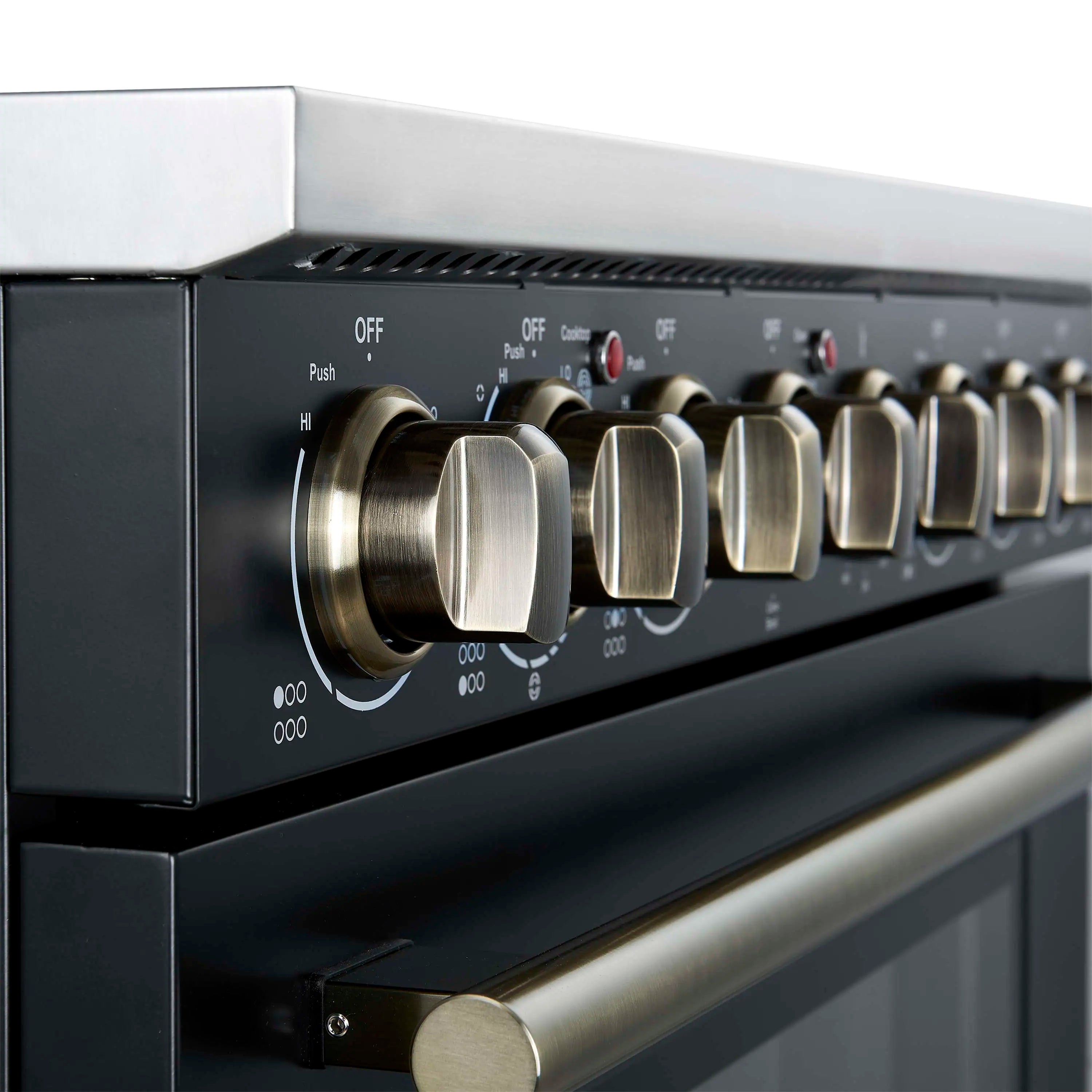 Black electric range control panel with brass-finish knob handles