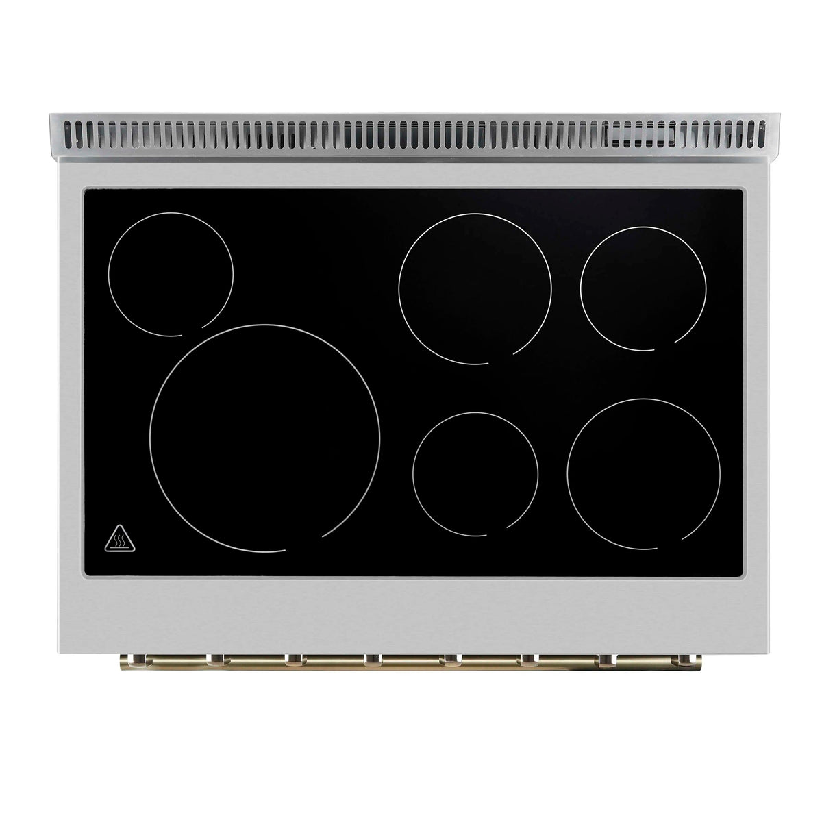 Freestanding electric range cooktop top view with five ceramic burner circles