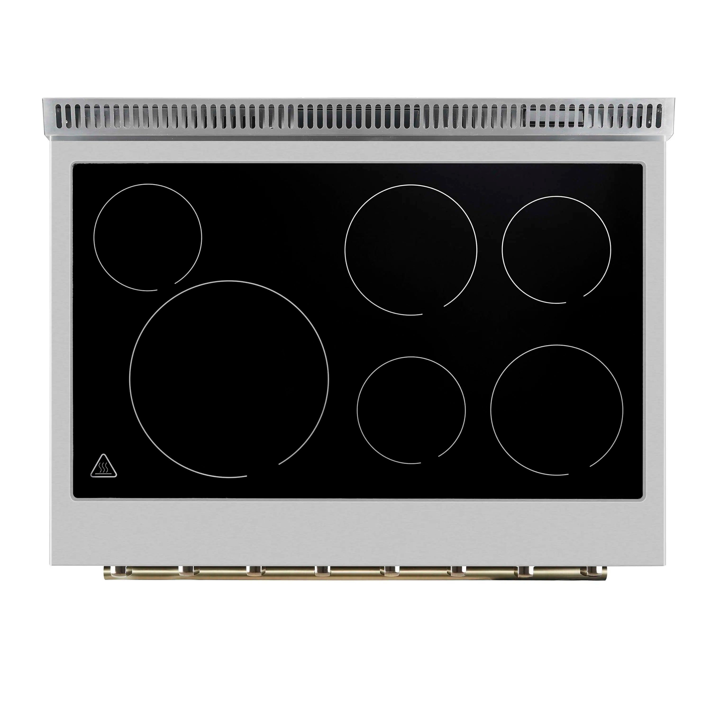 Black glass electric cooktop with five coil burner circles and front panel indicator