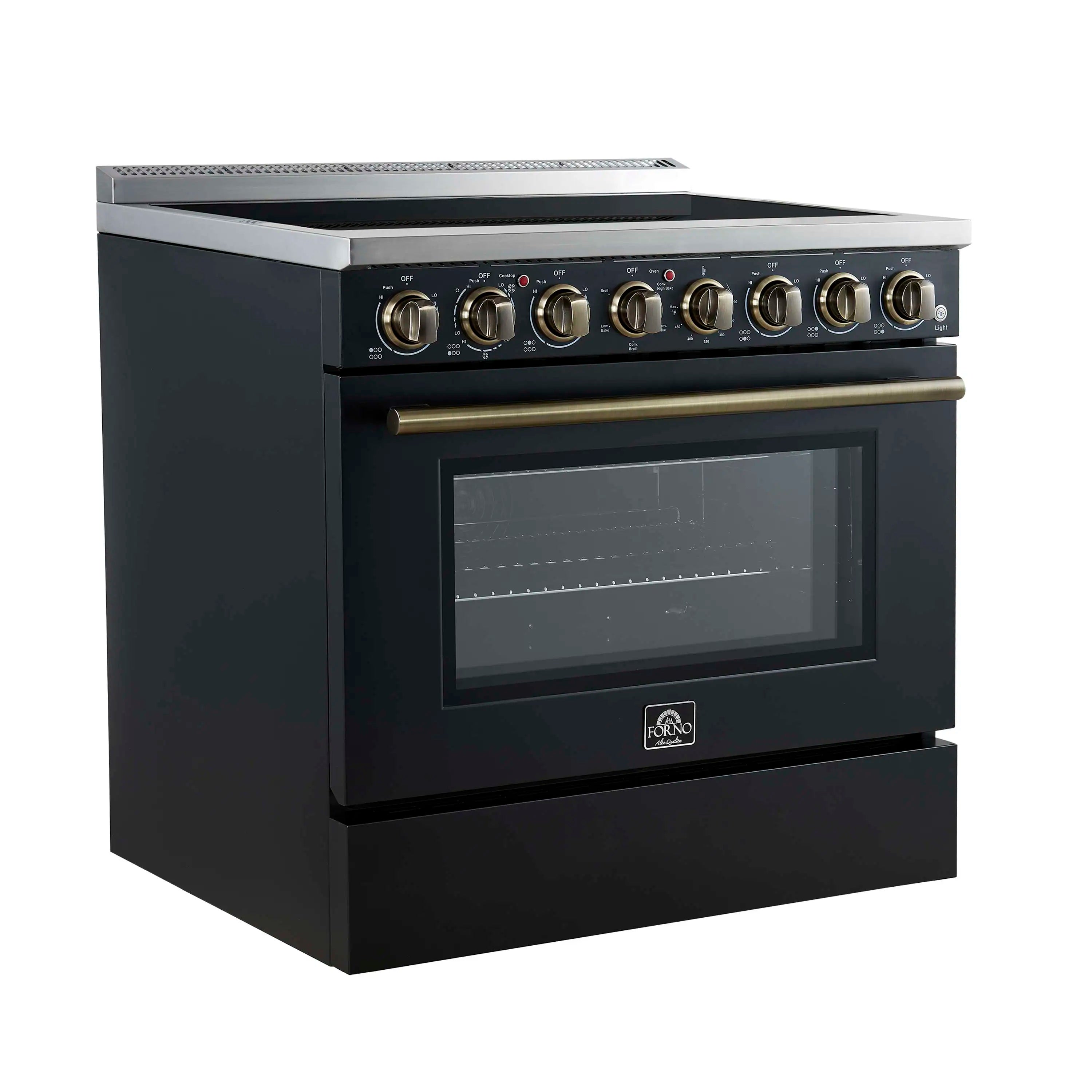 Freestanding electric range front view with control knobs and oven window