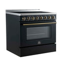 Forno 3-Piece Appliance Package - 36-Inch Electric Range, Wall Mount Range Hood, and 60-Inch Refrigerator in Black with Antique Brass Handle