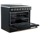 Forno 5-Piece Appliance Package - 36-Inch Electric Range, Wall Mount Range Hood, 60-Inch Refrigerator, Dishwasher, and 30-Inch Microwave Drawer in Black with Antique Brass Handle