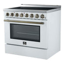 Forno 5-Piece Appliance Package - 36-Inch Electric Range, Wall Mount Range Hood, 36-Inch Refrigerator, Dishwasher, and 30-Inch Microwave Drawer in White with Antique Brass Handle