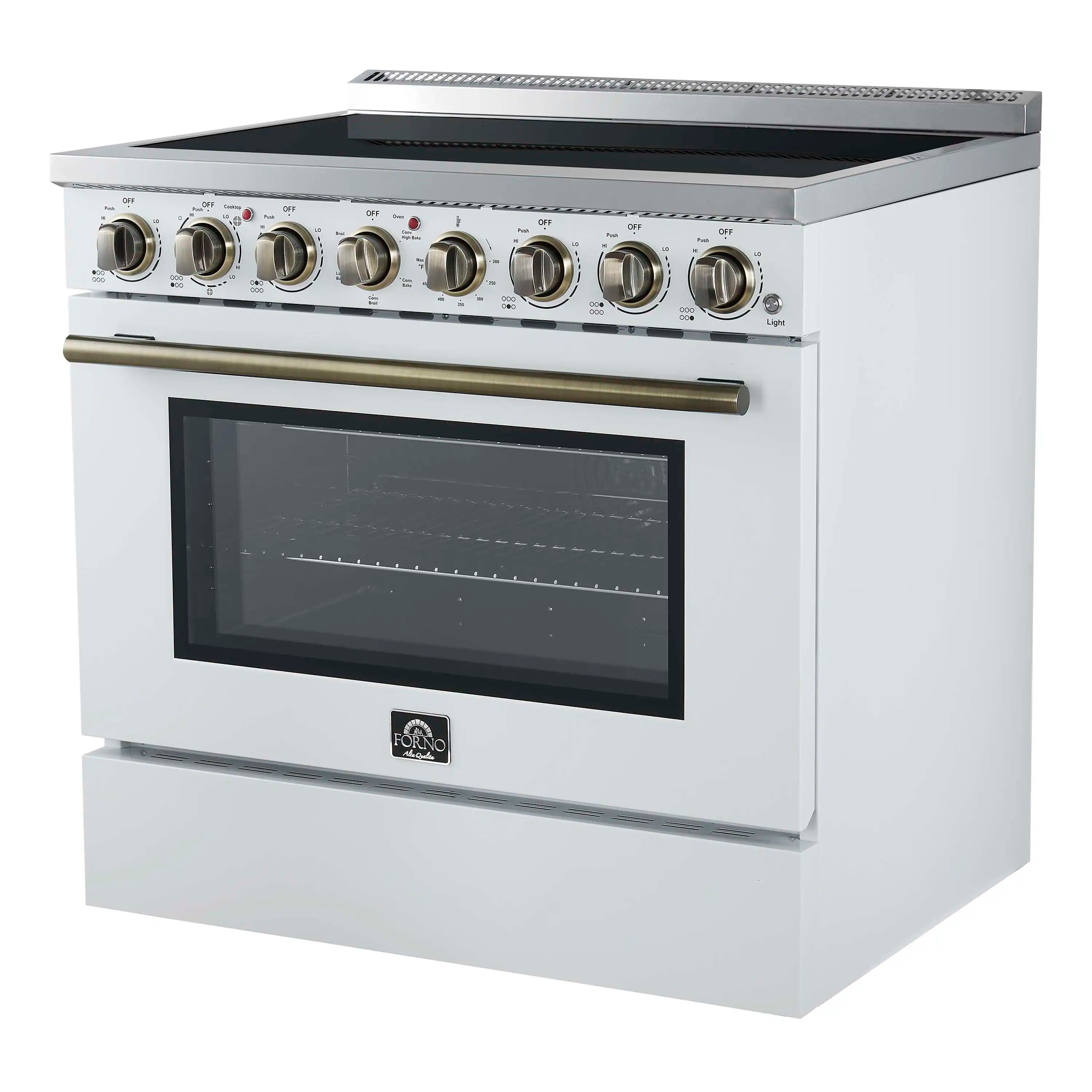 White electric range with front glass door, top dials, and brass-tone accents
