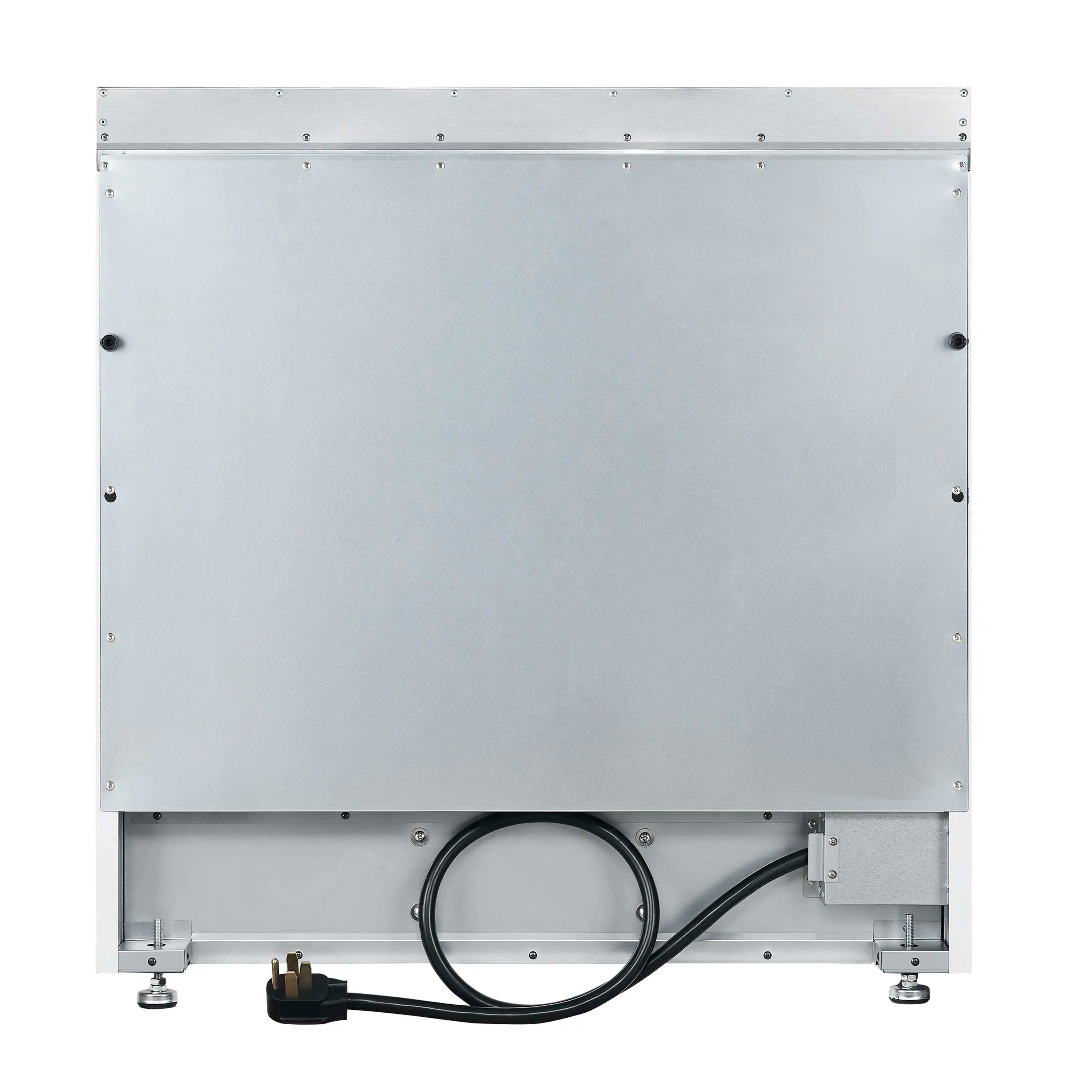 Back panel of a white electric range with venting and power cord