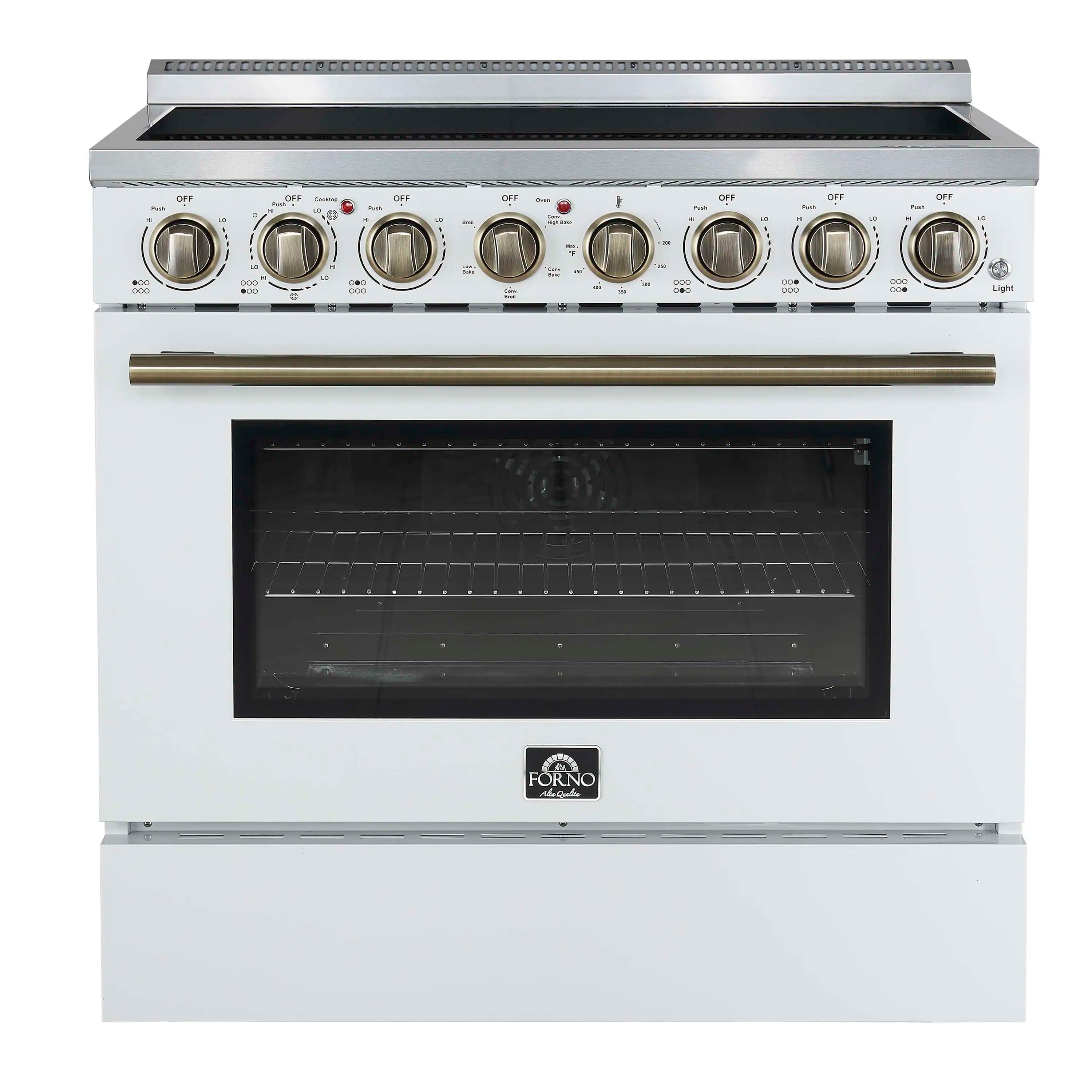 Freestanding electric range front with oven glass door and brass handle, white finish