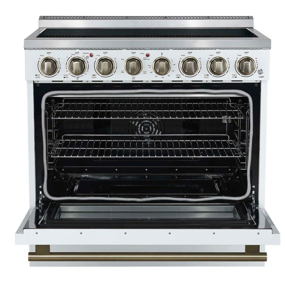 Freestanding electric range oven interior open with racks and dark enamel cavity