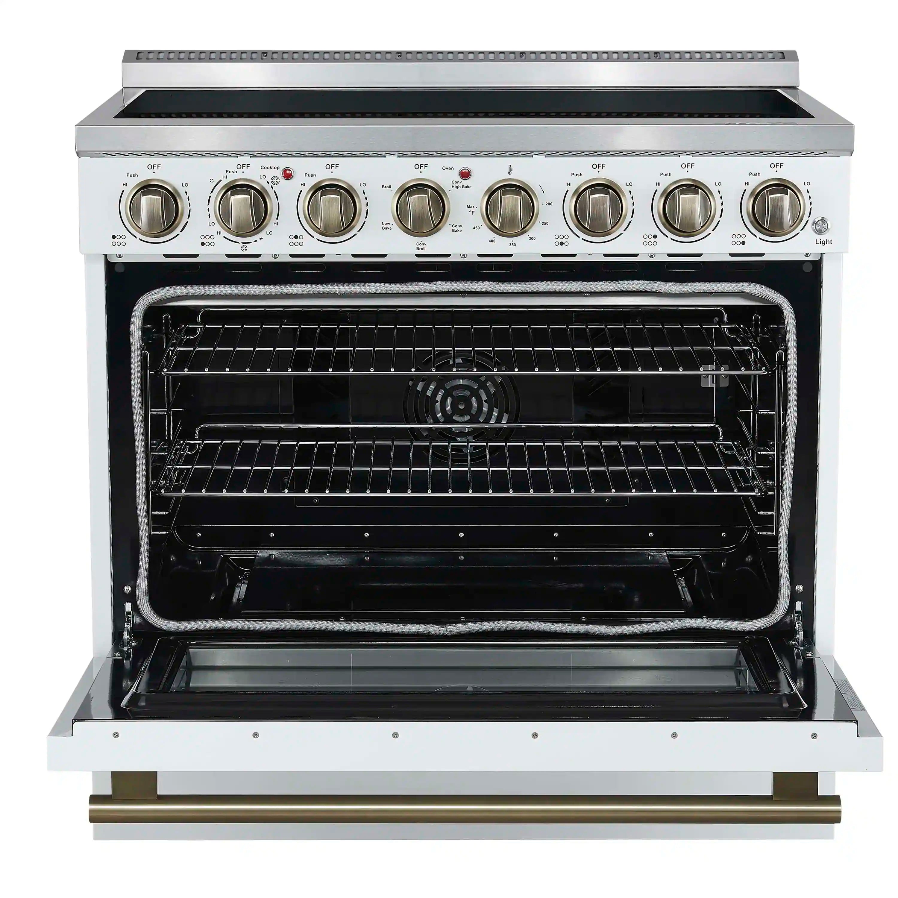 White electric range front with open oven door and baking racks visible