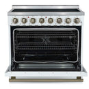 Forno 4-Piece Appliance Package - 36-Inch Electric Range, Wall Mount Range Hood, 36-Inch Refrigerator, and Dishwasher in White with Antique Brass Handle