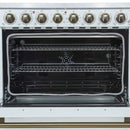 Forno 5-Piece Appliance Package - 36-Inch Electric Range, Wall Mount Range Hood, 60-Inch Refrigerator, Dishwasher, and 24-Inch Microwave Drawer in White with Antique Brass Handle