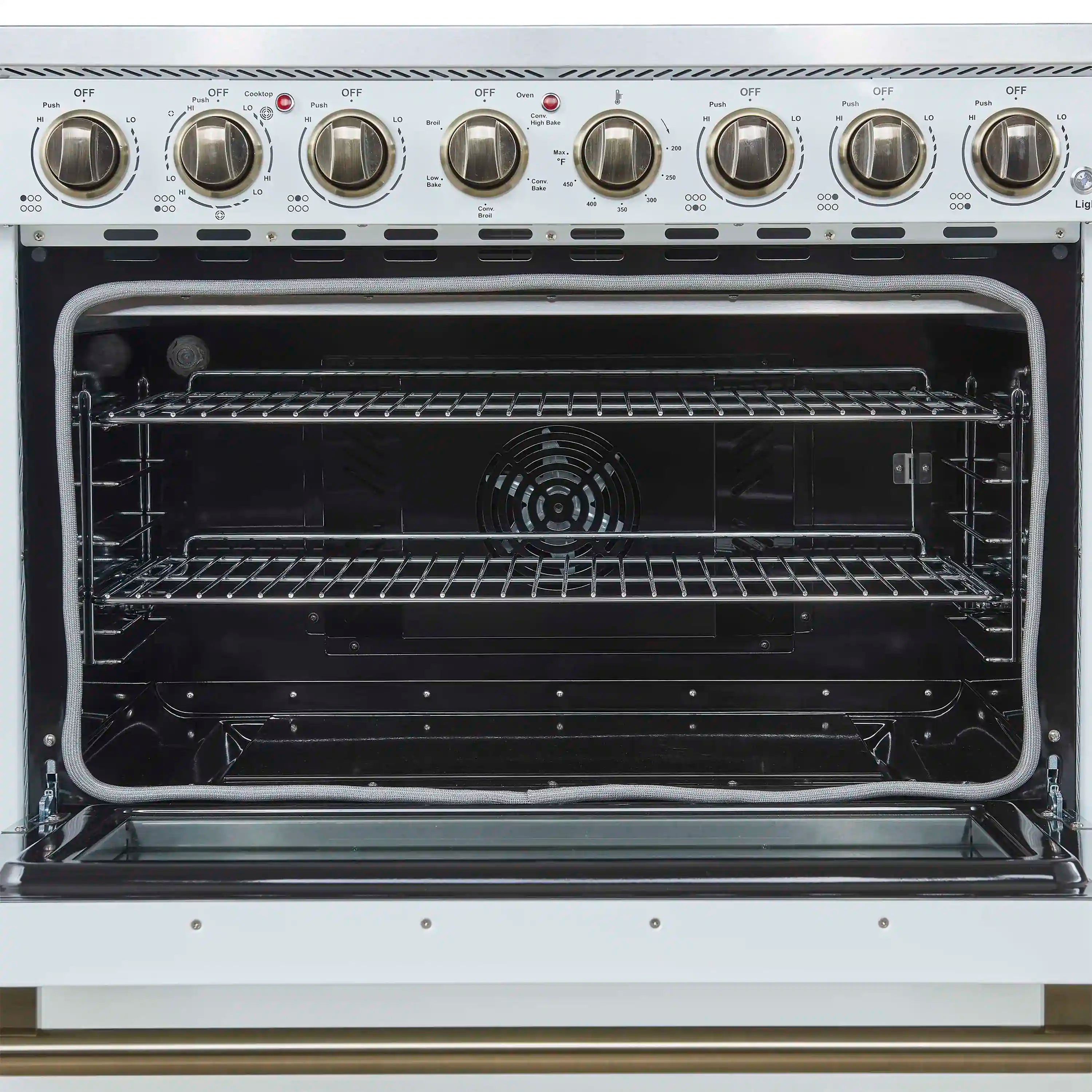 Electric range oven cavity view with upper rack and rear fan