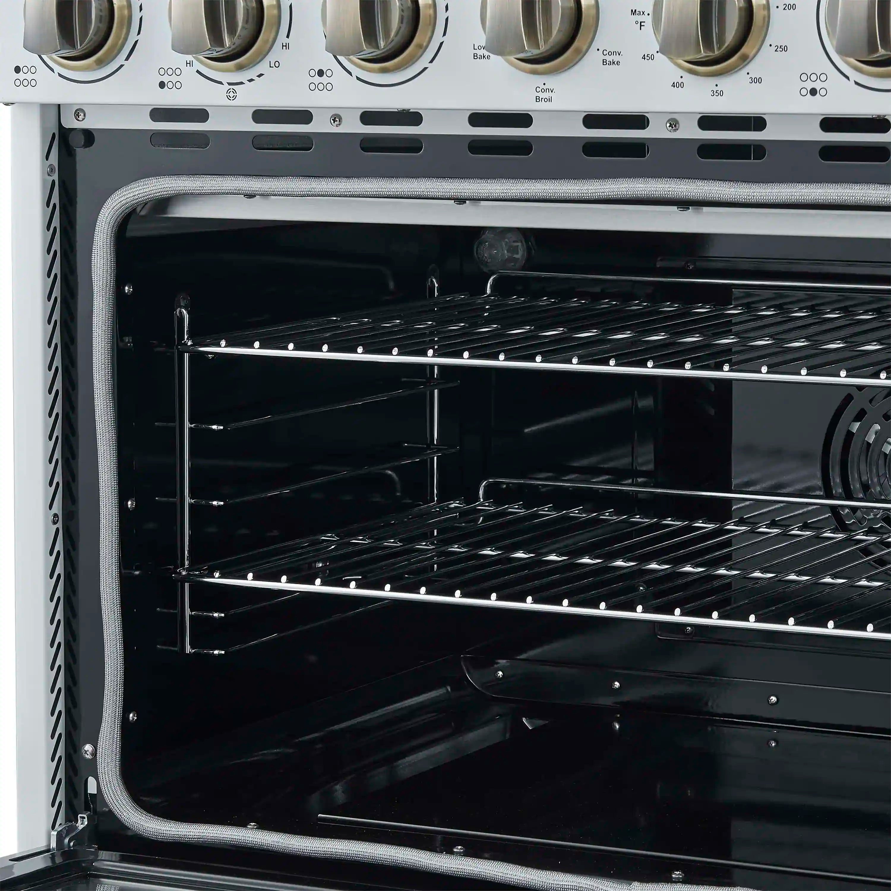 White electric range oven interior with wire racks and rear fan housing