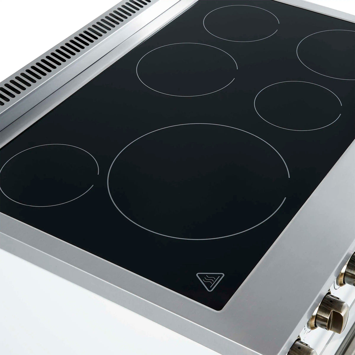 Freestanding electric range smooth cooktop with five dark round burner zones