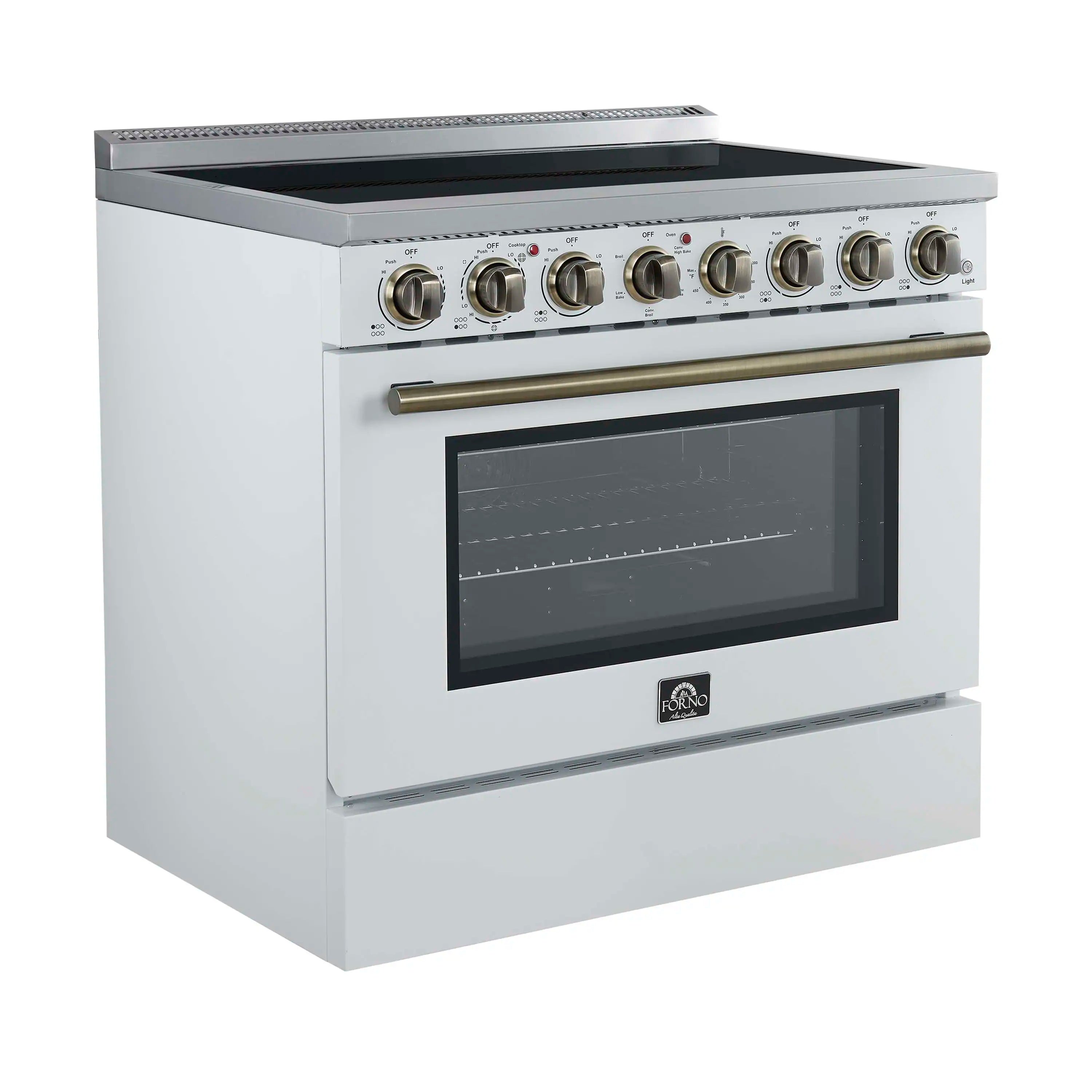 Freestanding electric range front view with glass oven door, brass handle, white body