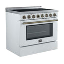 Forno 5-Piece Appliance Package - 36-Inch Electric Range, Wall Mount Range Hood, 36-Inch Refrigerator, Dishwasher, and 30-Inch Microwave Drawer in White with Antique Brass Handle