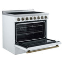 Forno 5-Piece Appliance Package - 36-Inch Electric Range, Wall Mount Range Hood, 60-Inch Refrigerator, Dishwasher, and 30-Inch Microwave Drawer in White with Antique Brass Handle