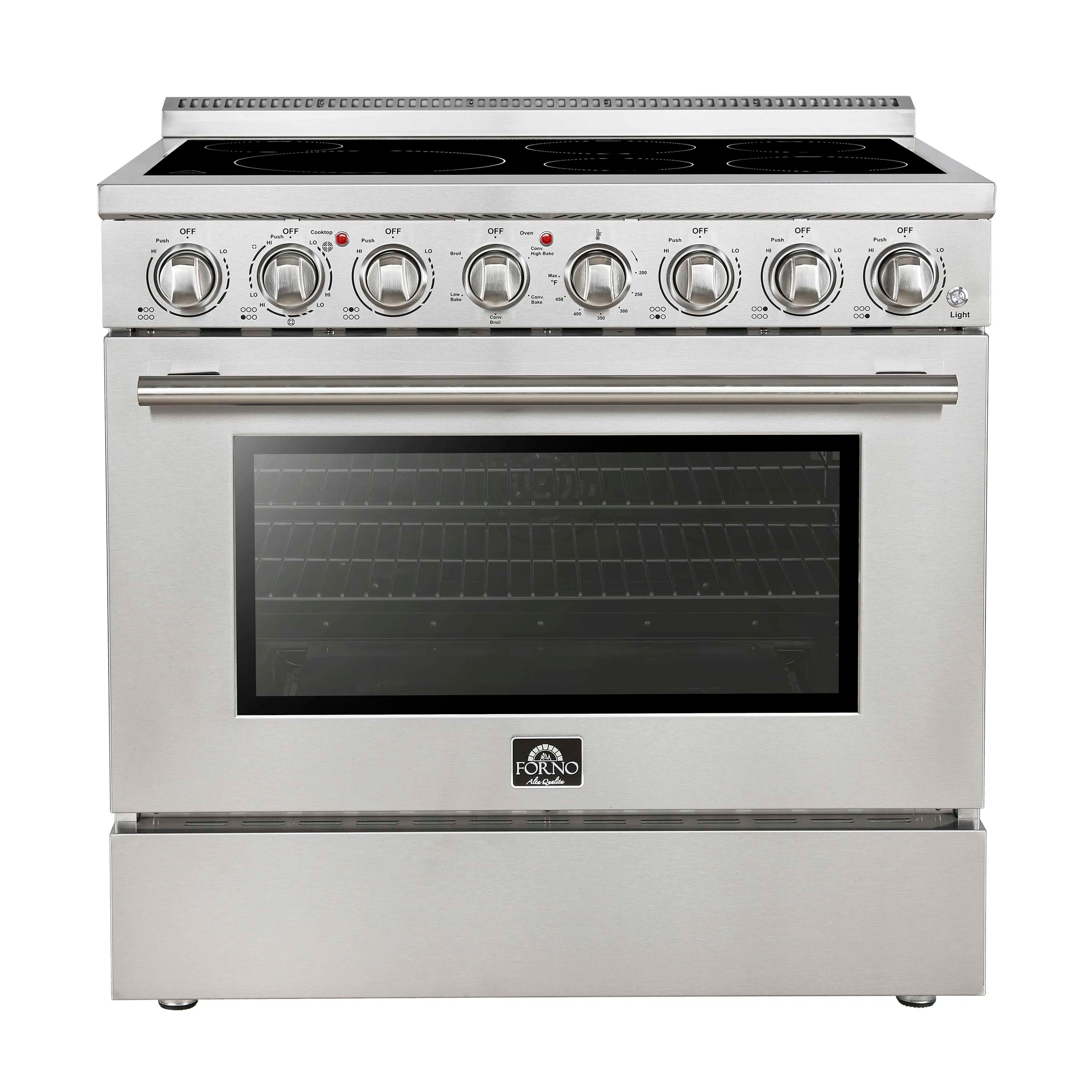 Stainless steel freestanding electric range with closed oven door and black glass oven window.