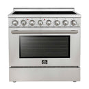 Forno 5-Piece Appliance Package - 36-Inch Electric Range, Wall Mount Range Hood, 60-Inch Refrigerator, Dishwasher, and 30-Inch Microwave Oven in Stainless Steel