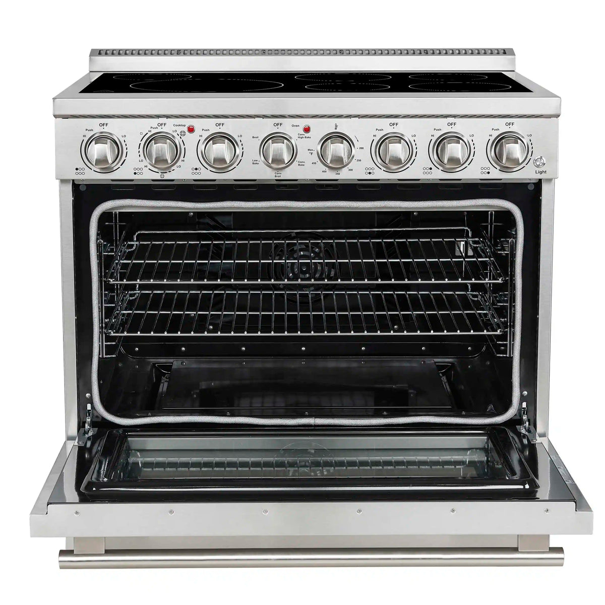 Stainless steel freestanding electric range with open oven door and wire oven racks.