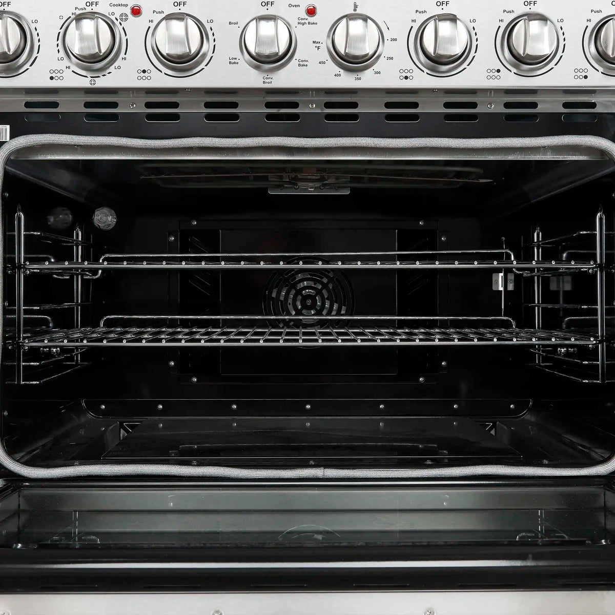 Electric oven interior with center fan, rack rails, and top heating elements visible.