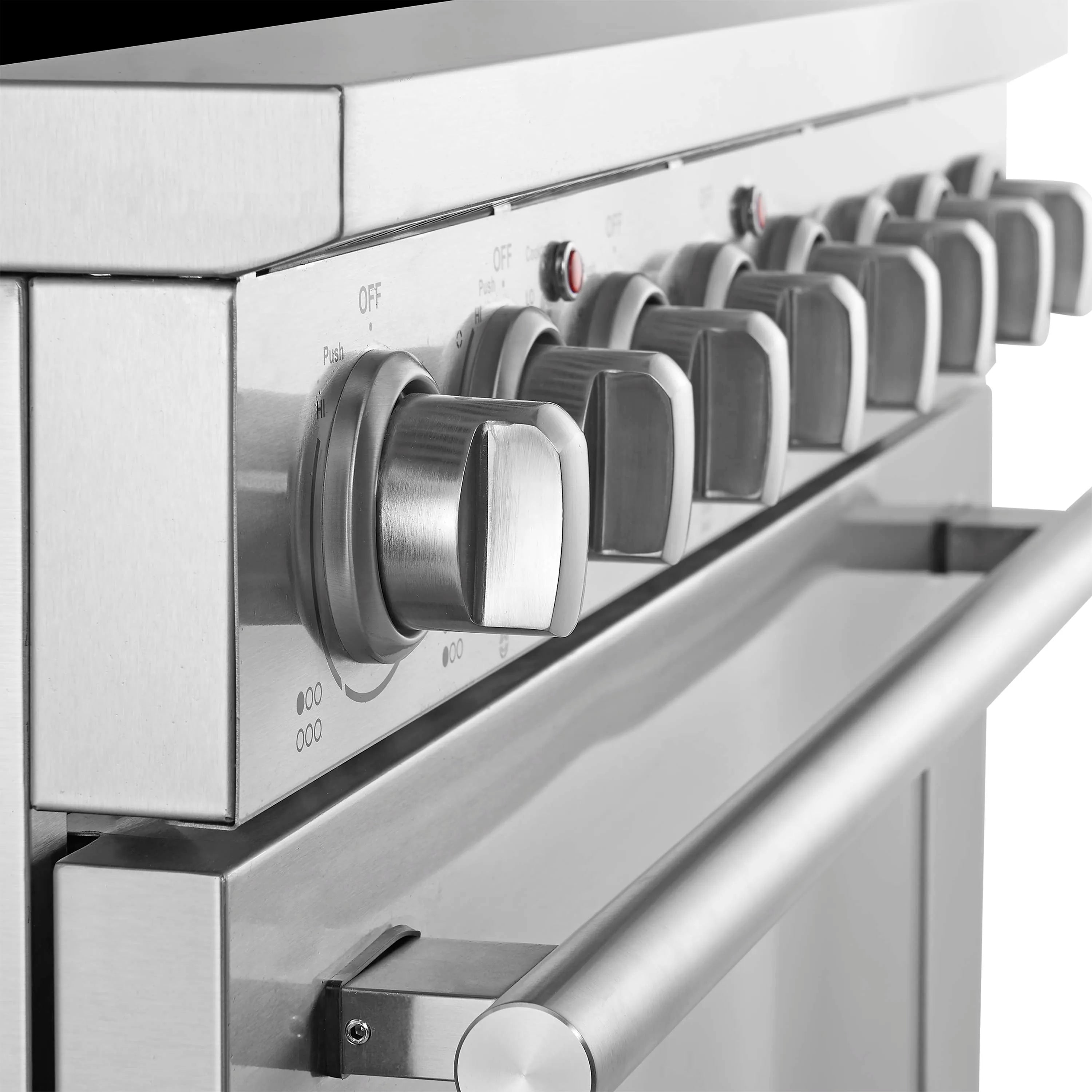 Stainless electric range control knobs and burner settings row