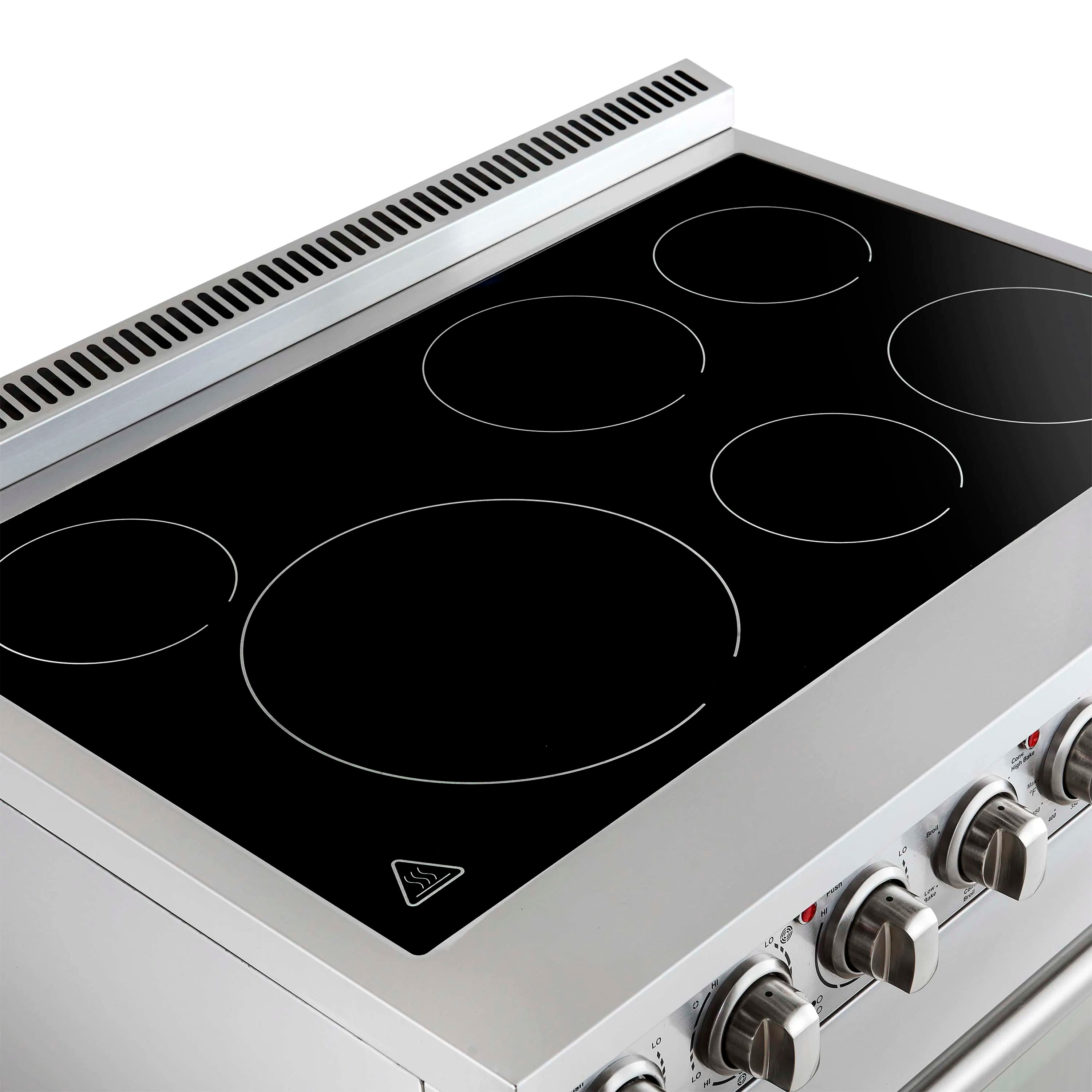 Stainless electric range cooktop with five black circular burner zones