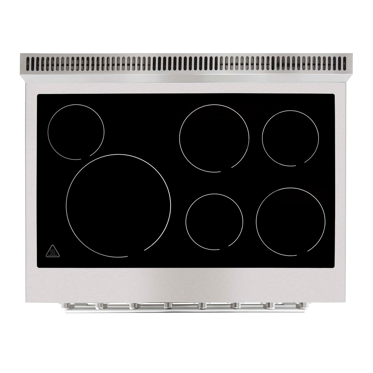Black glass cooktop with six burner circles and stainless steel perimeter trim.