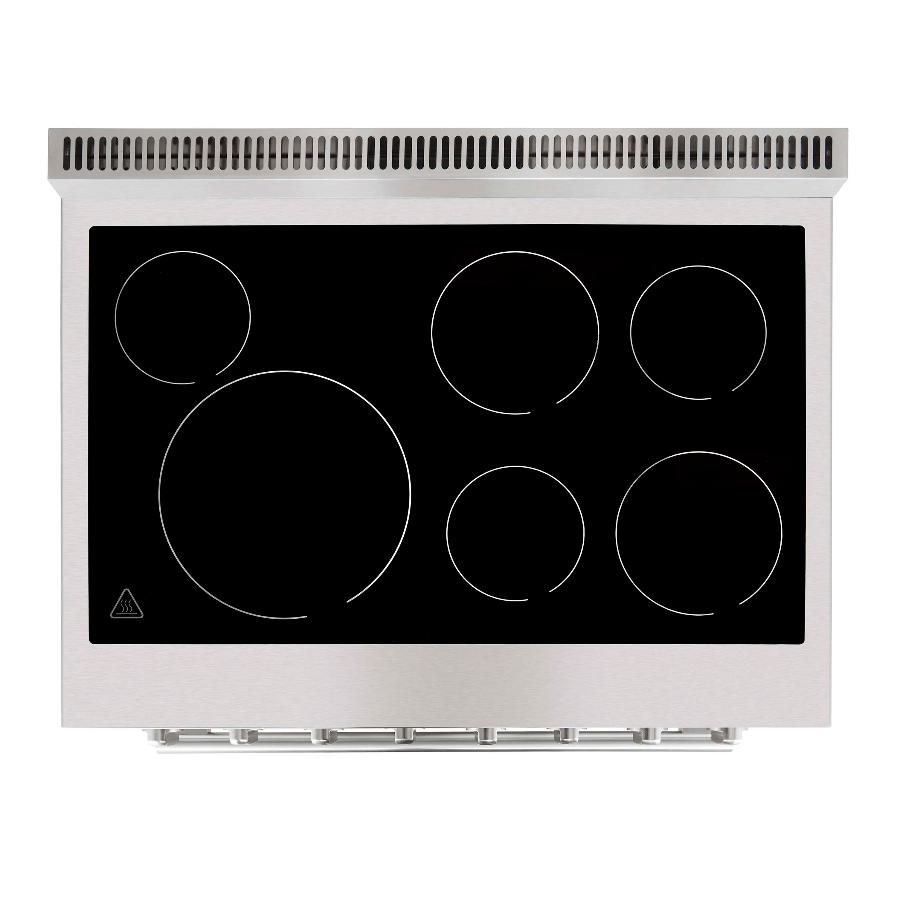 Stainless steel electric cooktop with smooth black glass and six circular elements