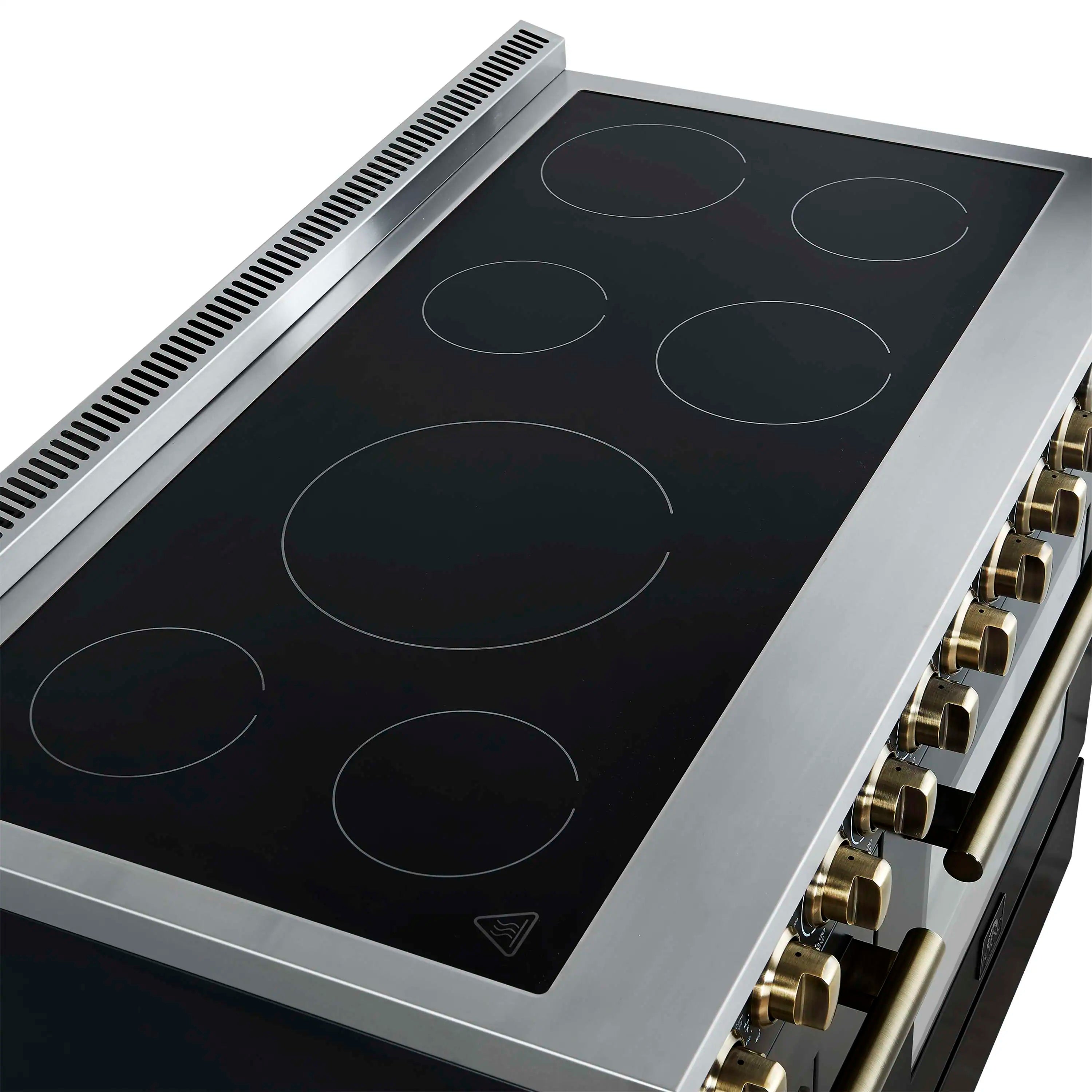 Black electric cooktop surface with five round heating zones and silver edge