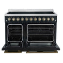 Forno 5-Piece Appliance Package - 48-Inch Electric Range, Wall Mount Range Hood, 60-Inch Refrigerator, Dishwasher, and 30-Inch Microwave Drawer in Black with Antique Brass Handle