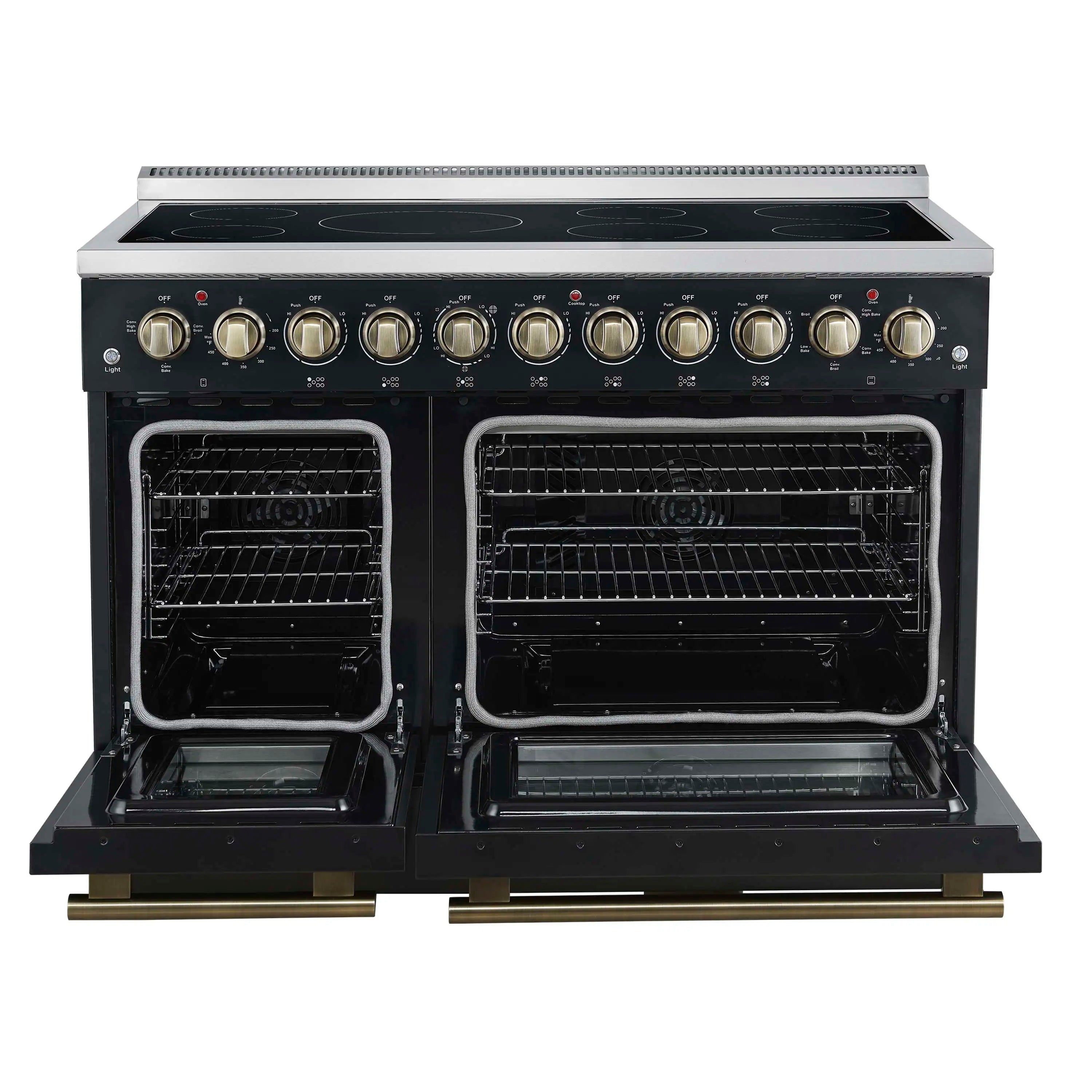 Black electric range with two open oven compartments and brass-trim door pulls