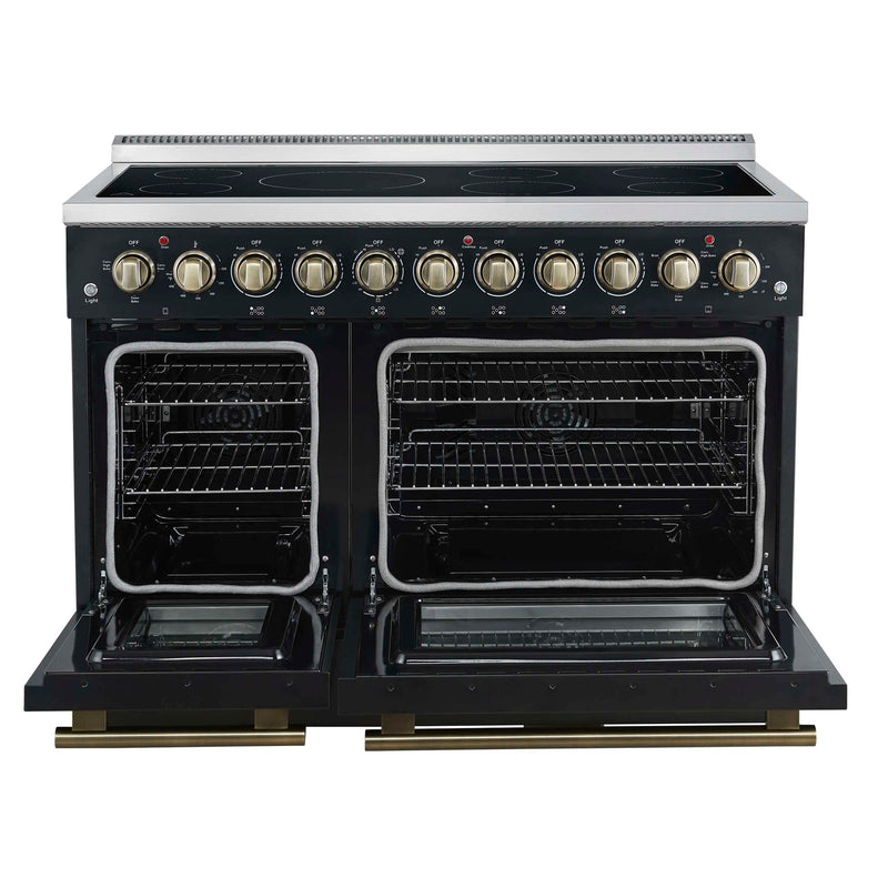 Forno Paolo 48-Inch Freestanding Electric Range with 6.7 Cu.Ft True Convection Oven in Black with Antique Brass Handle (FFSEL6011-48BLK)
