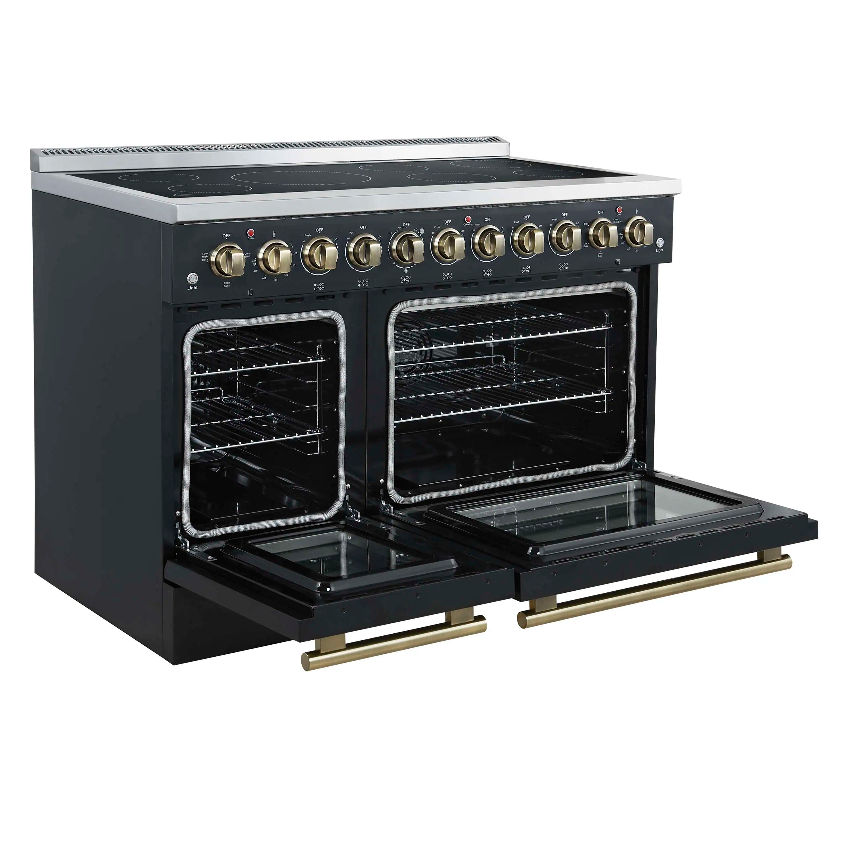 Black electric range with oven doors open, gold-tone handle rails, and control panel